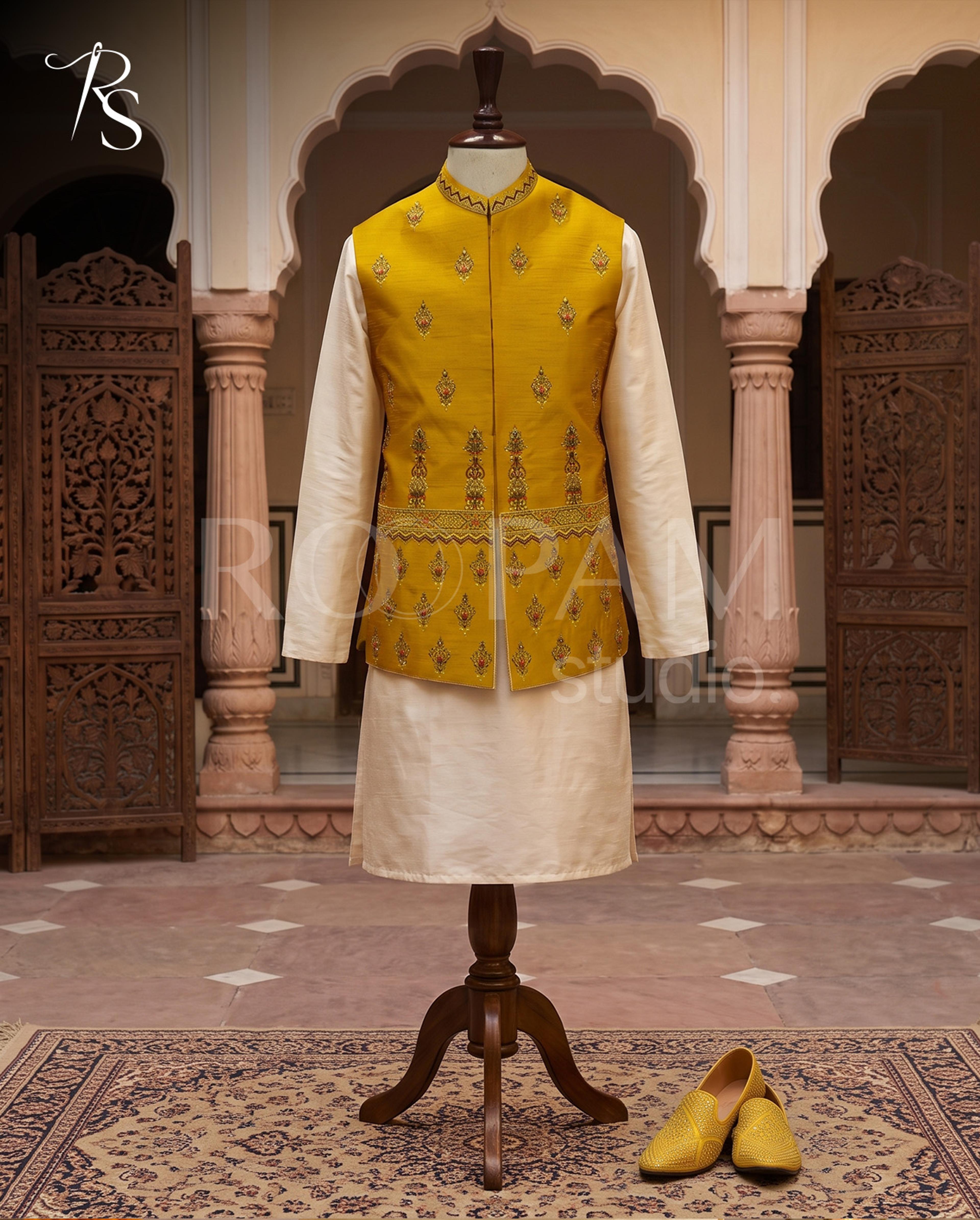 Roopam Studio Luxury Mustard Embroidered Waistcoat - Thumbnail 2