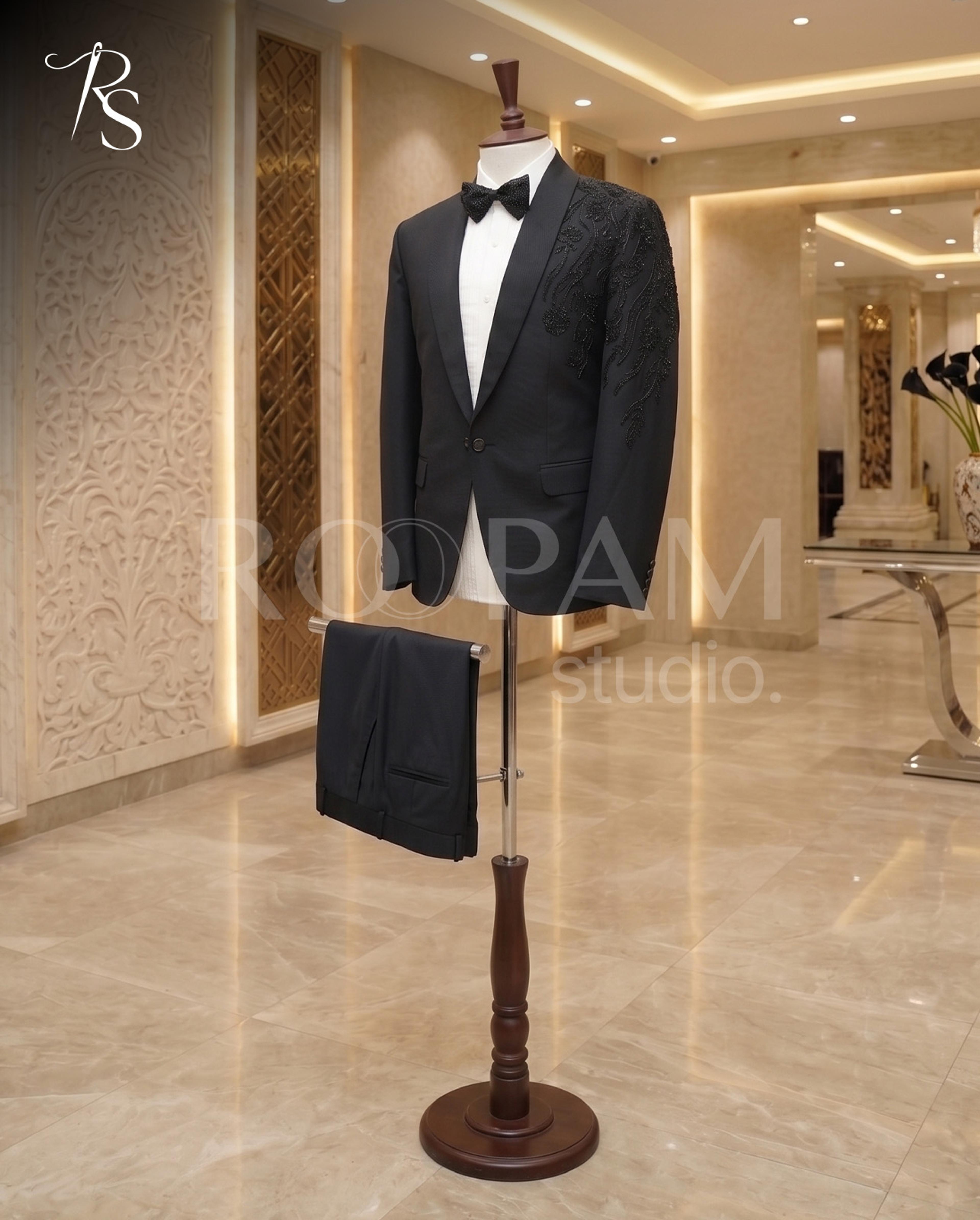 Premium Black Asymmetrical Beaded Tuxedo Suit (2-Piece) - Thumbnail 2