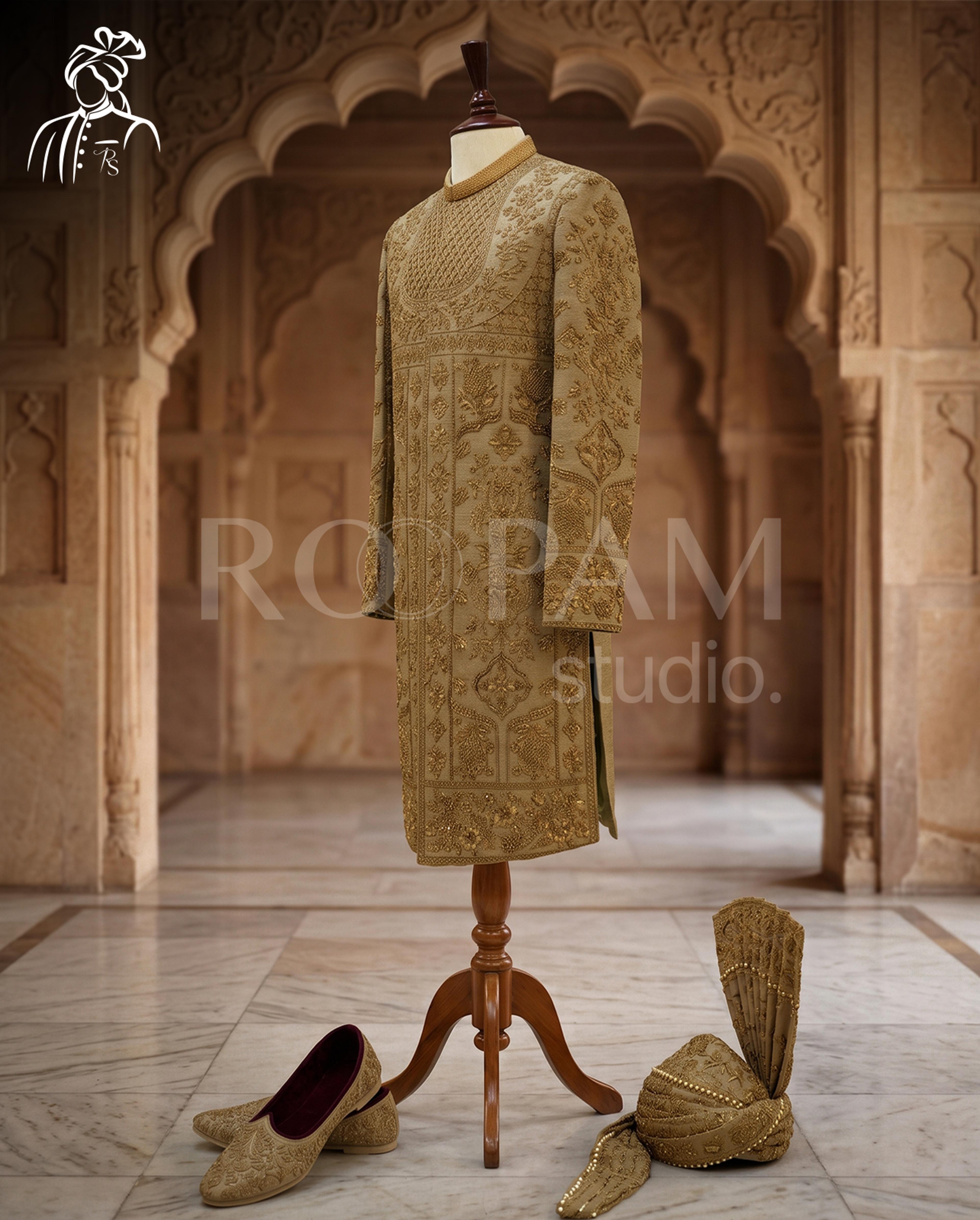 Roopam Studio Opulent Gold Zardozi Sherwani - Thumbnail 3