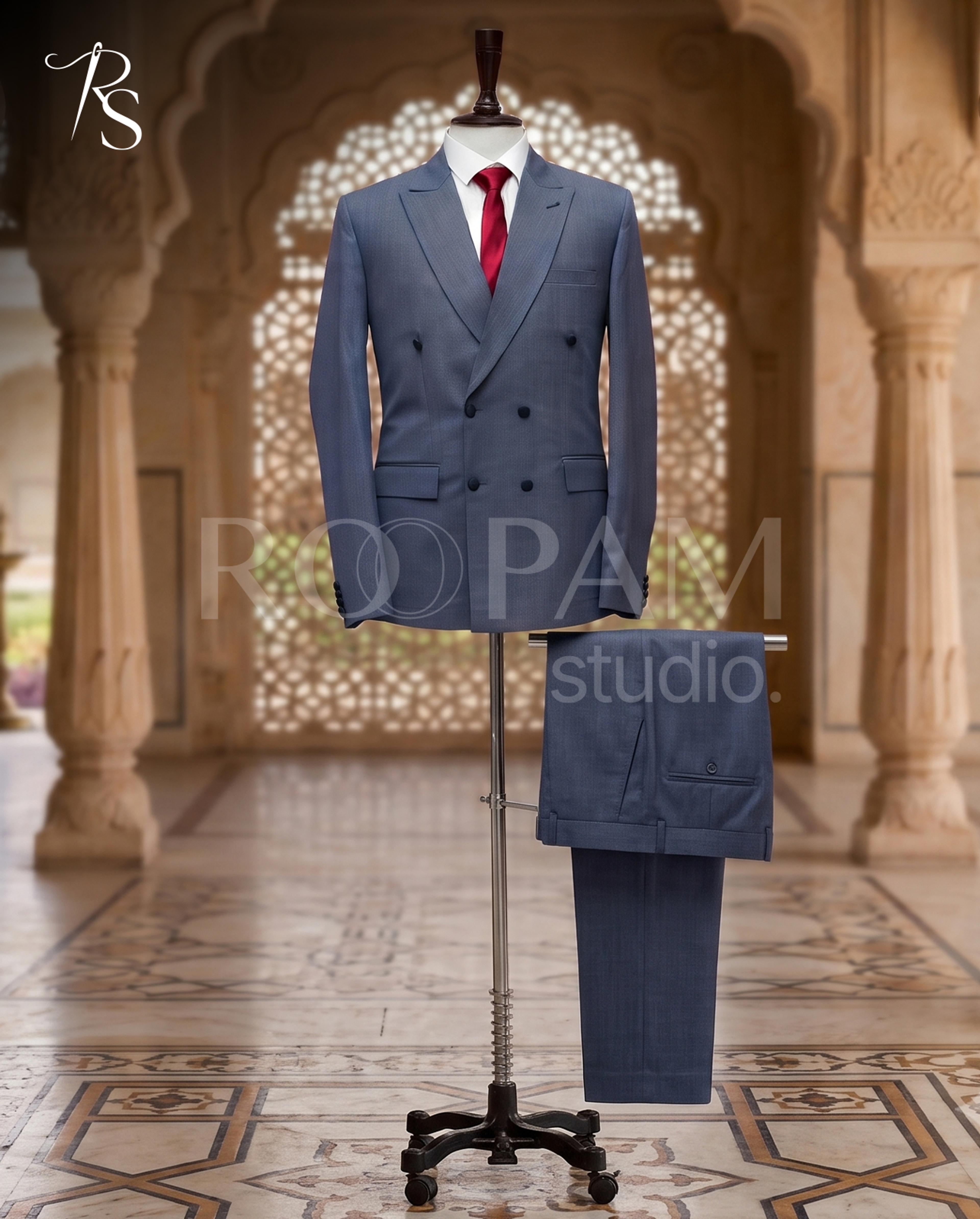 Premium Slate Blue Double-Breasted Suit (2-Piece) - Thumbnail 2