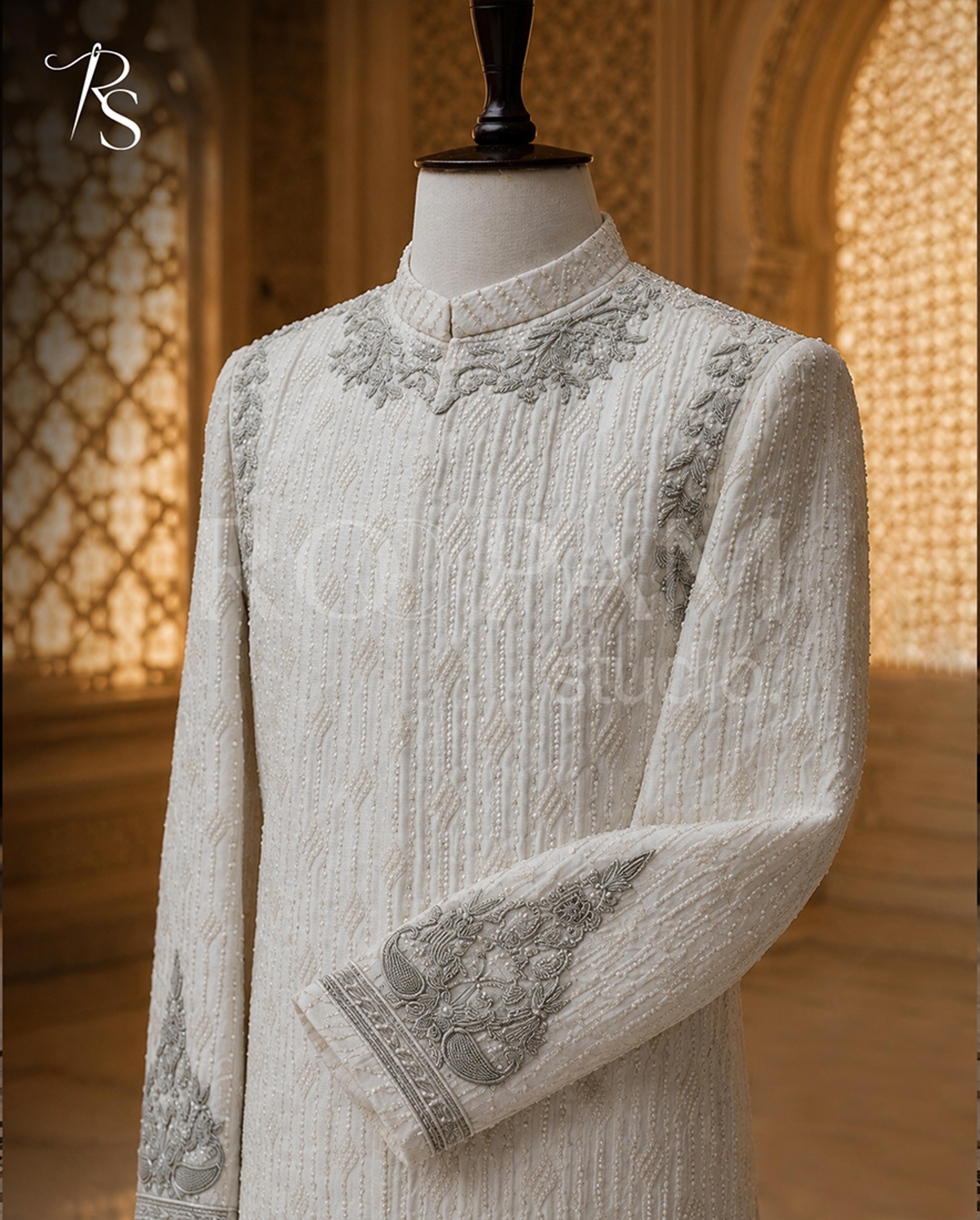 Designer Ivory Long Sherwani with Silver Accents and Pearl Embroidery - Thumbnail 5