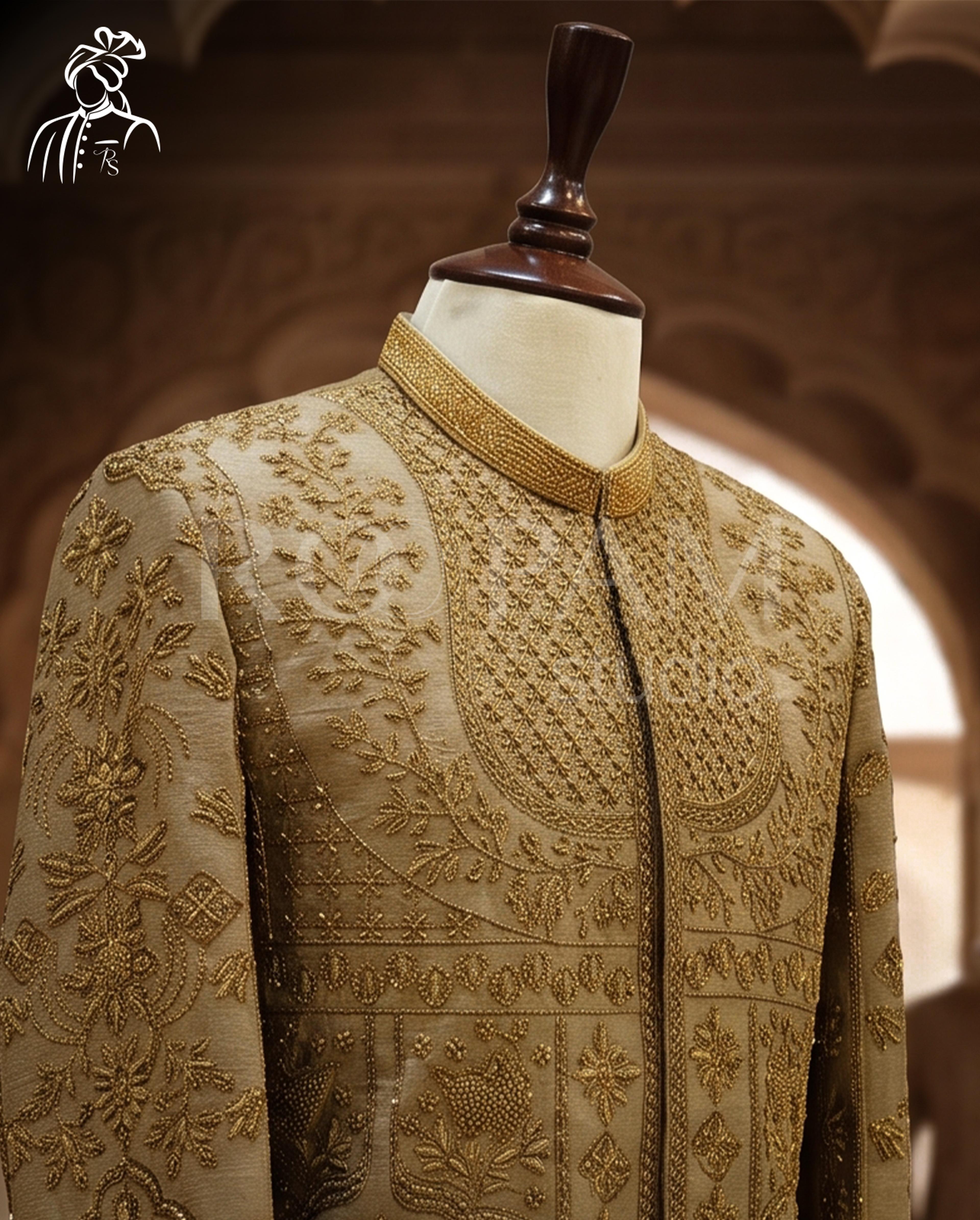 Roopam Studio Opulent Gold Zardozi Sherwani - Thumbnail 4