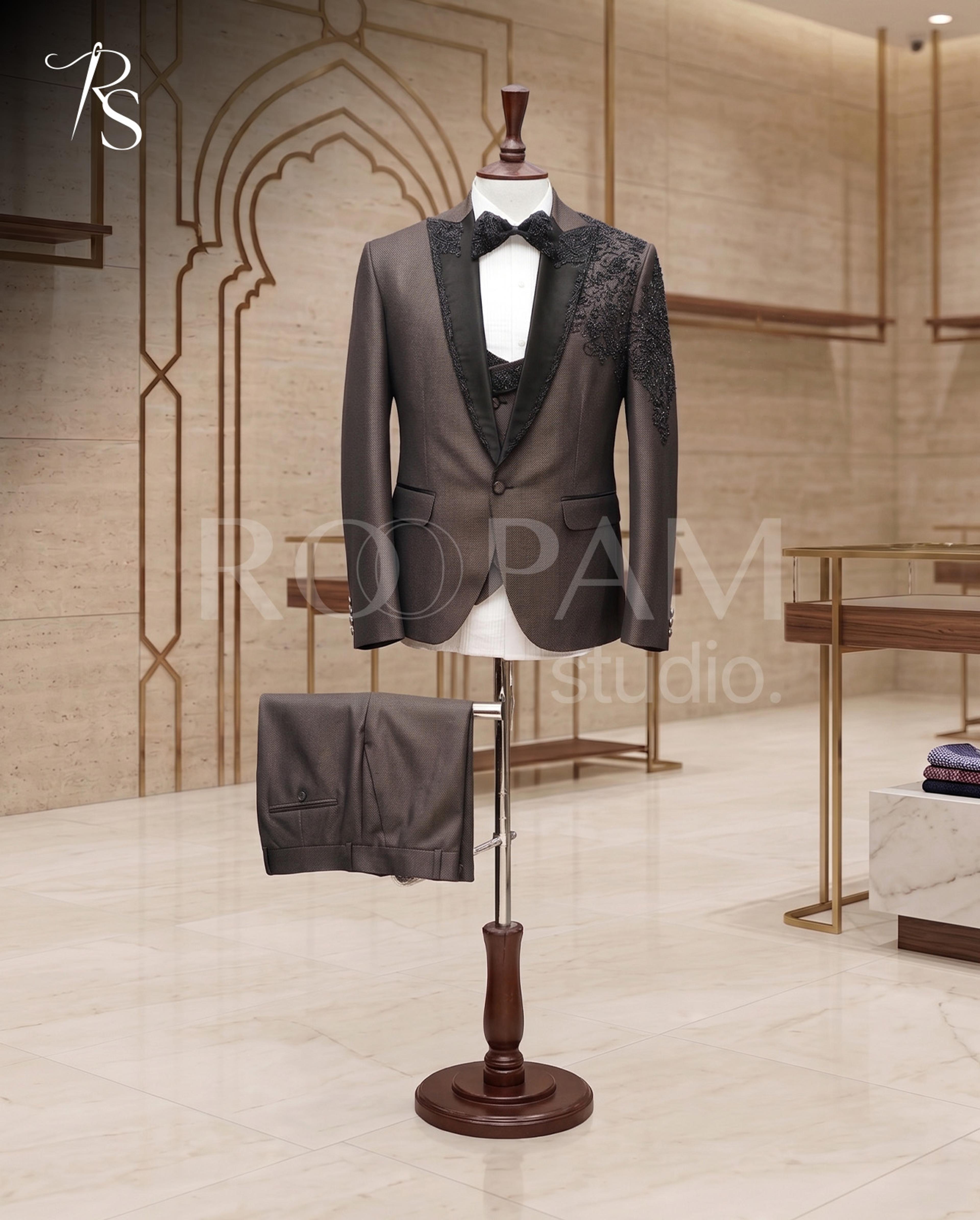 Premium Brown Embellished 3-Piece Tuxedo Suit - Thumbnail 3