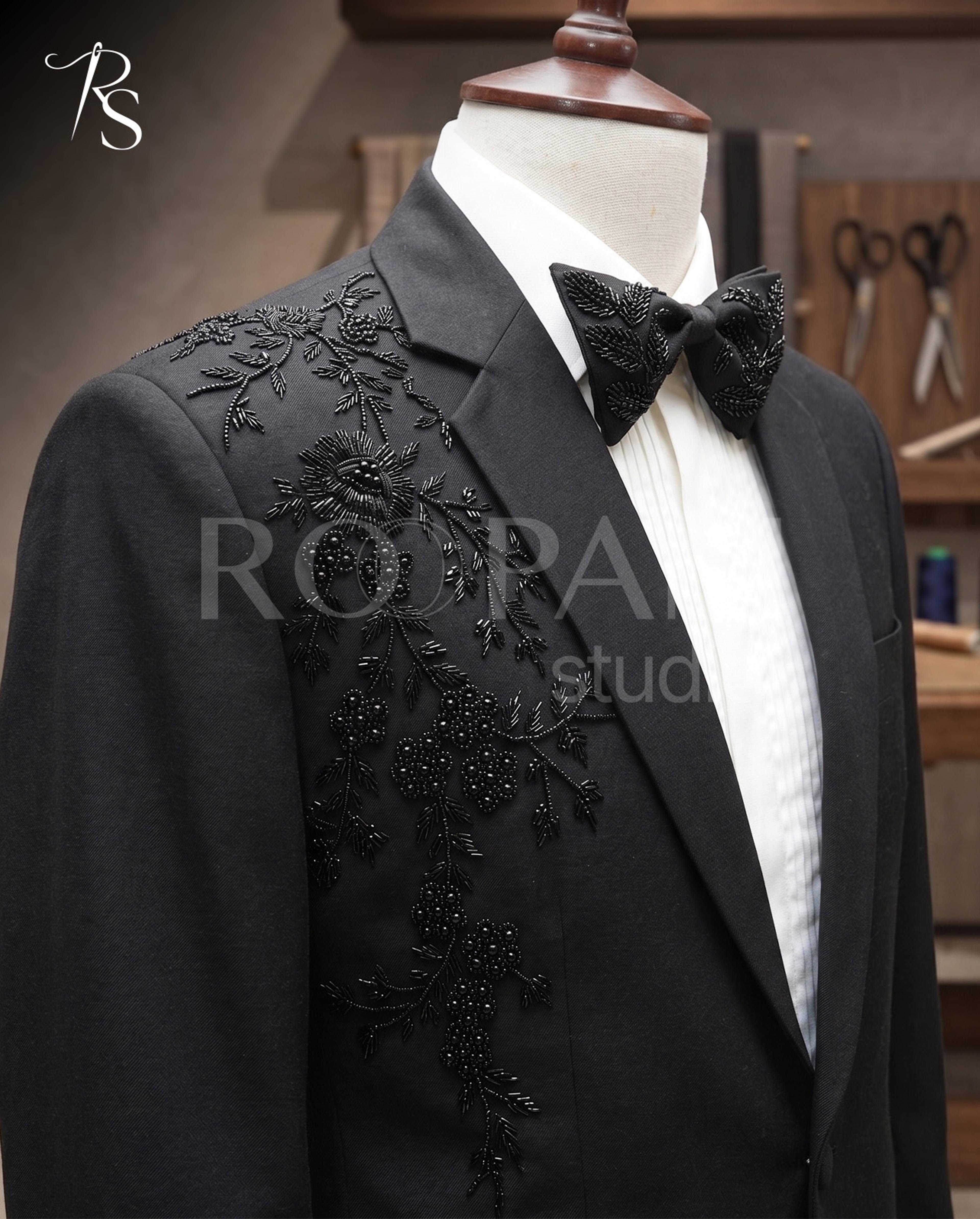 Luxury Black Asymmetrical "Floral Vine" Beaded Tuxedo Suit (2-Piece)