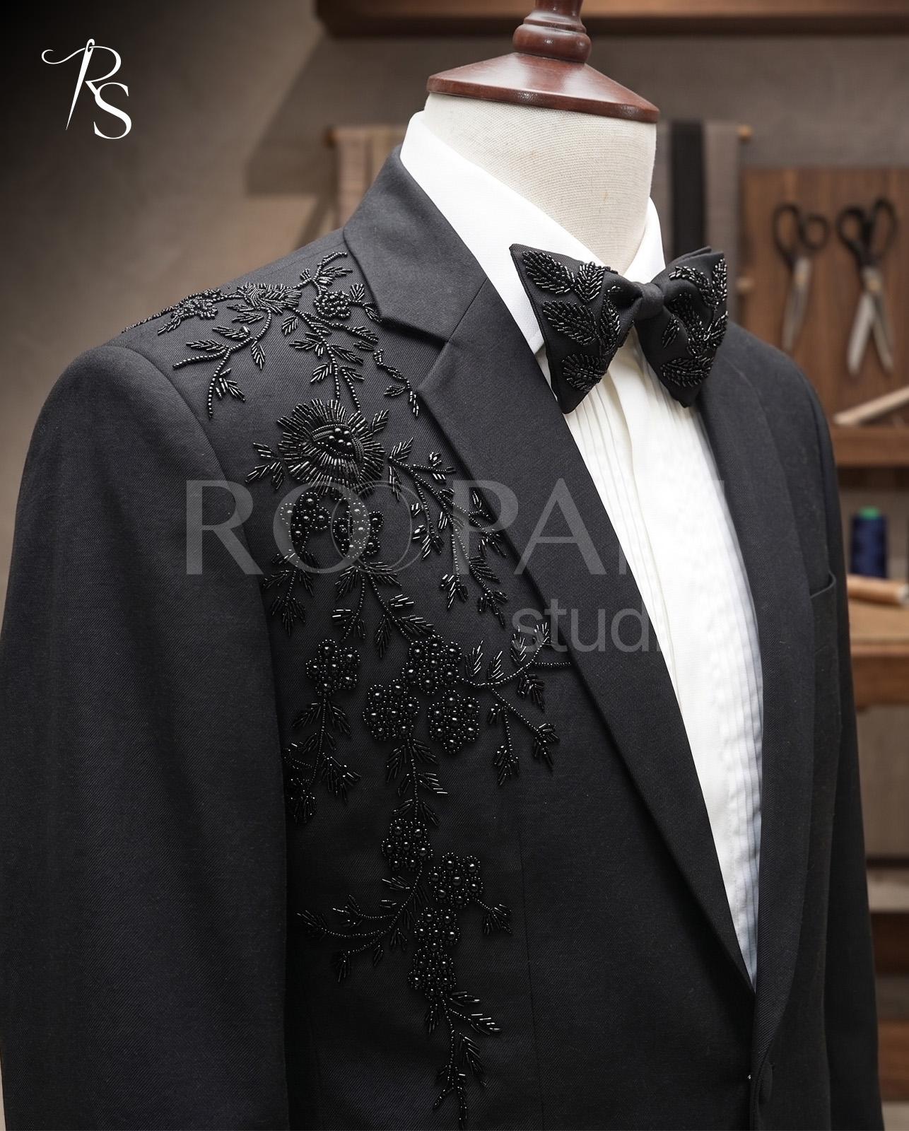 Luxury Black Asymmetrical "Floral Vine" Beaded Tuxedo Suit (2-Piece) - Image 1