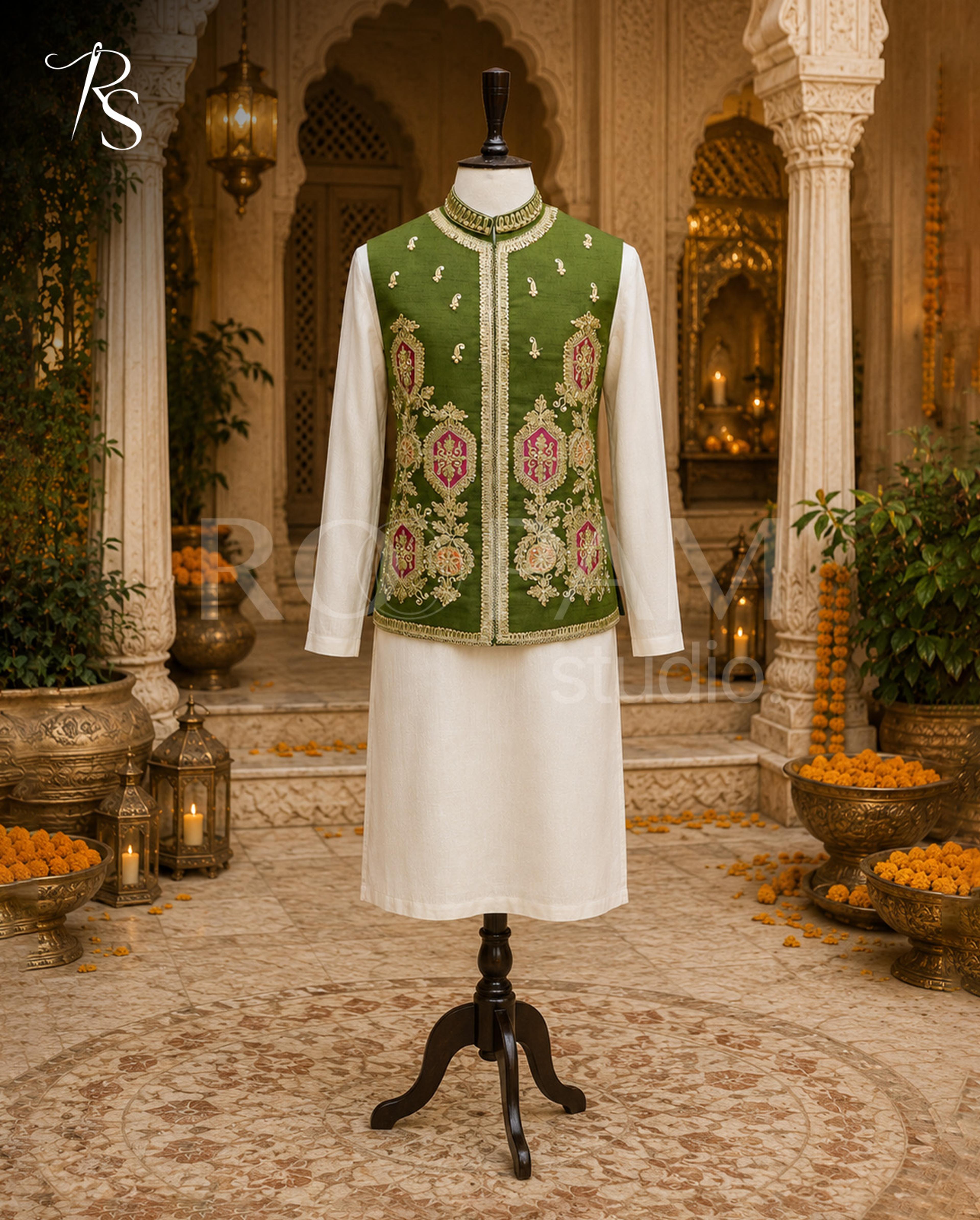 Premium Forest Green & Gold Embroidered Waistcoat with Pink Accents - Thumbnail 2