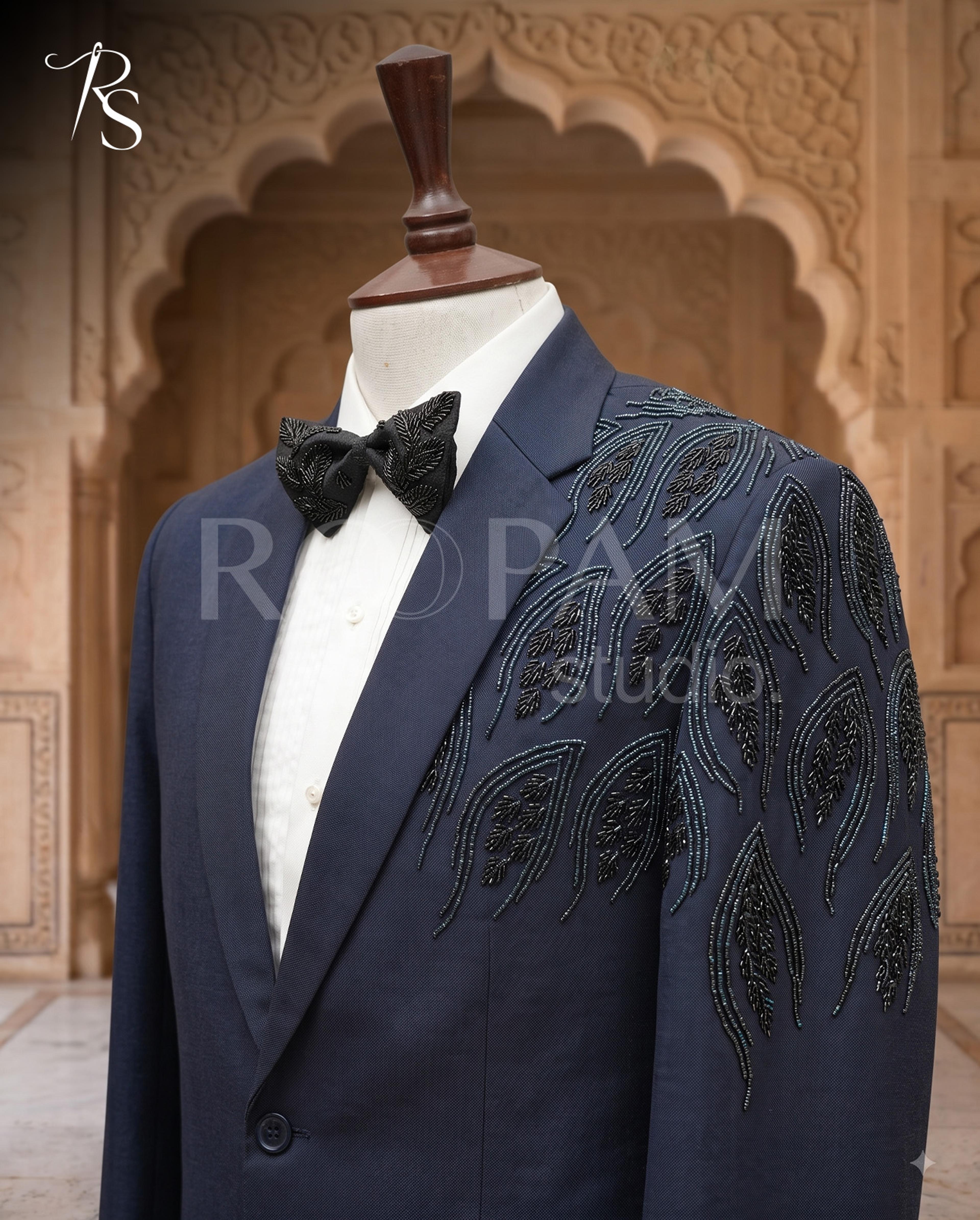 Luxury Navy Blue Asymmetrical "Leaf Motif" Beaded Pant Coat
