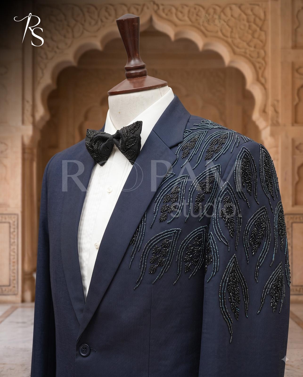 Luxury Navy Blue Asymmetrical "Leaf Motif" Beaded Pant Coat - Image 1