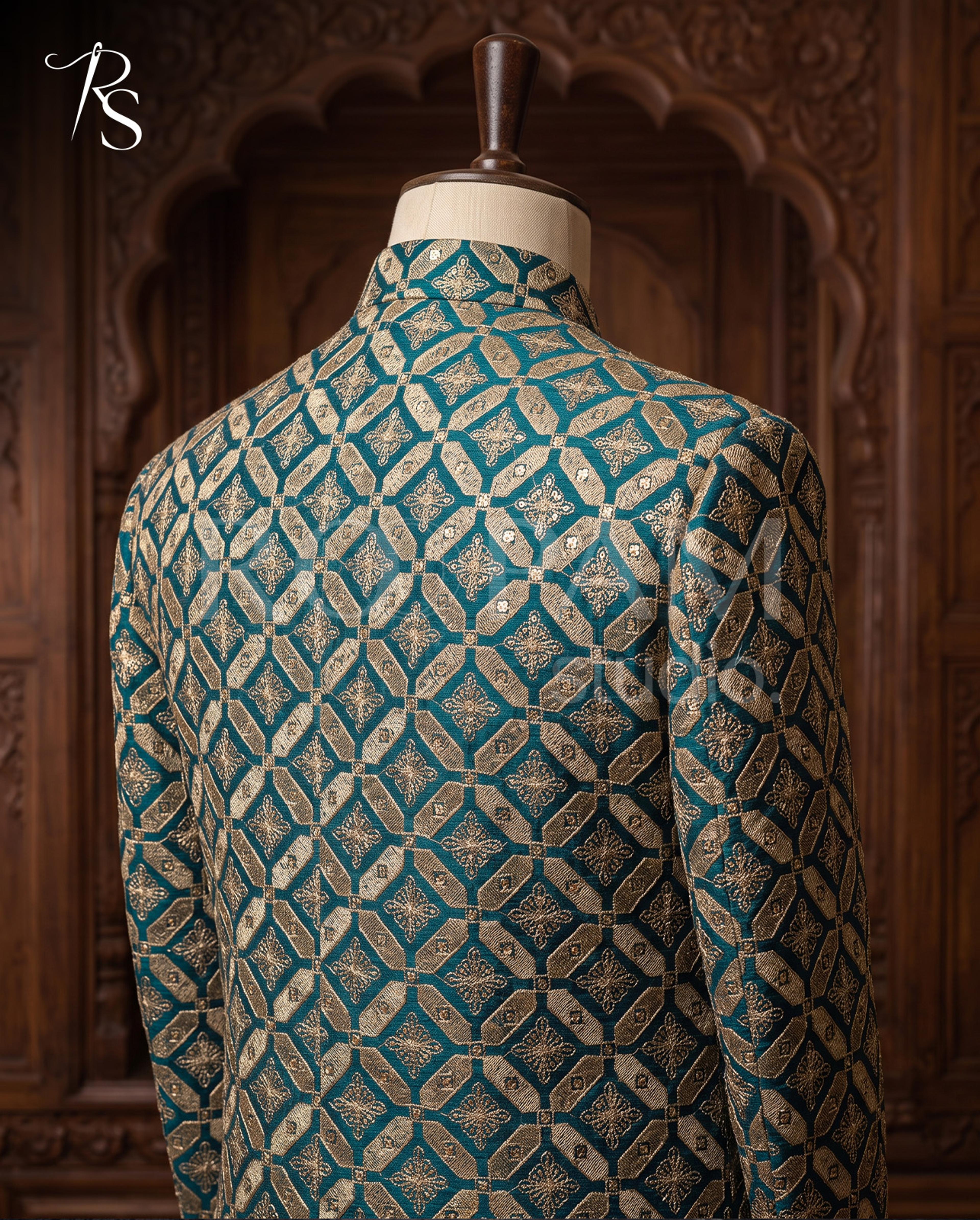 Luxury Teal Green Geometric Diamond Embroidered Prince Coat - Thumbnail 2