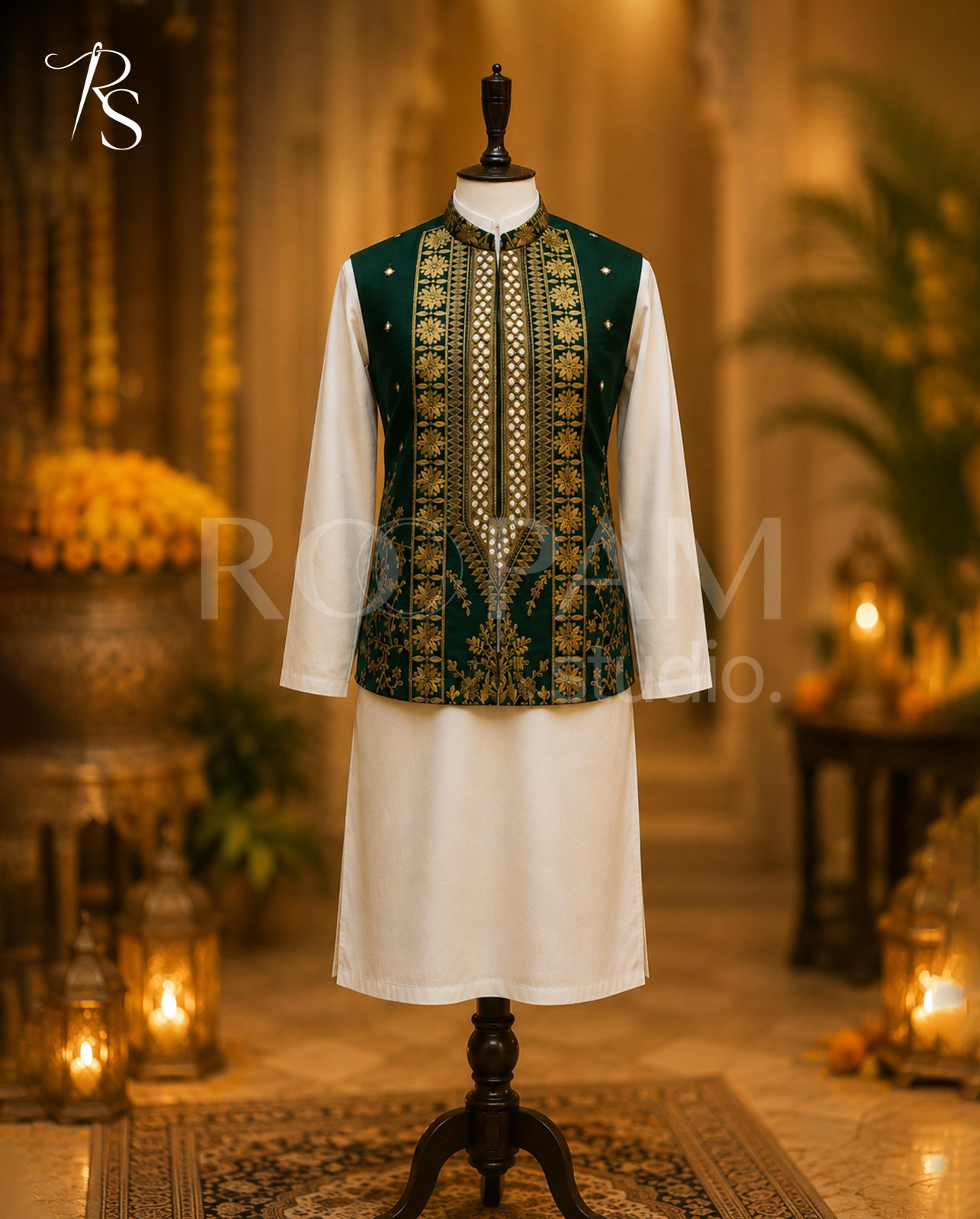 Premium Emerald Green Embroidered Waistcoat - Thumbnail 3