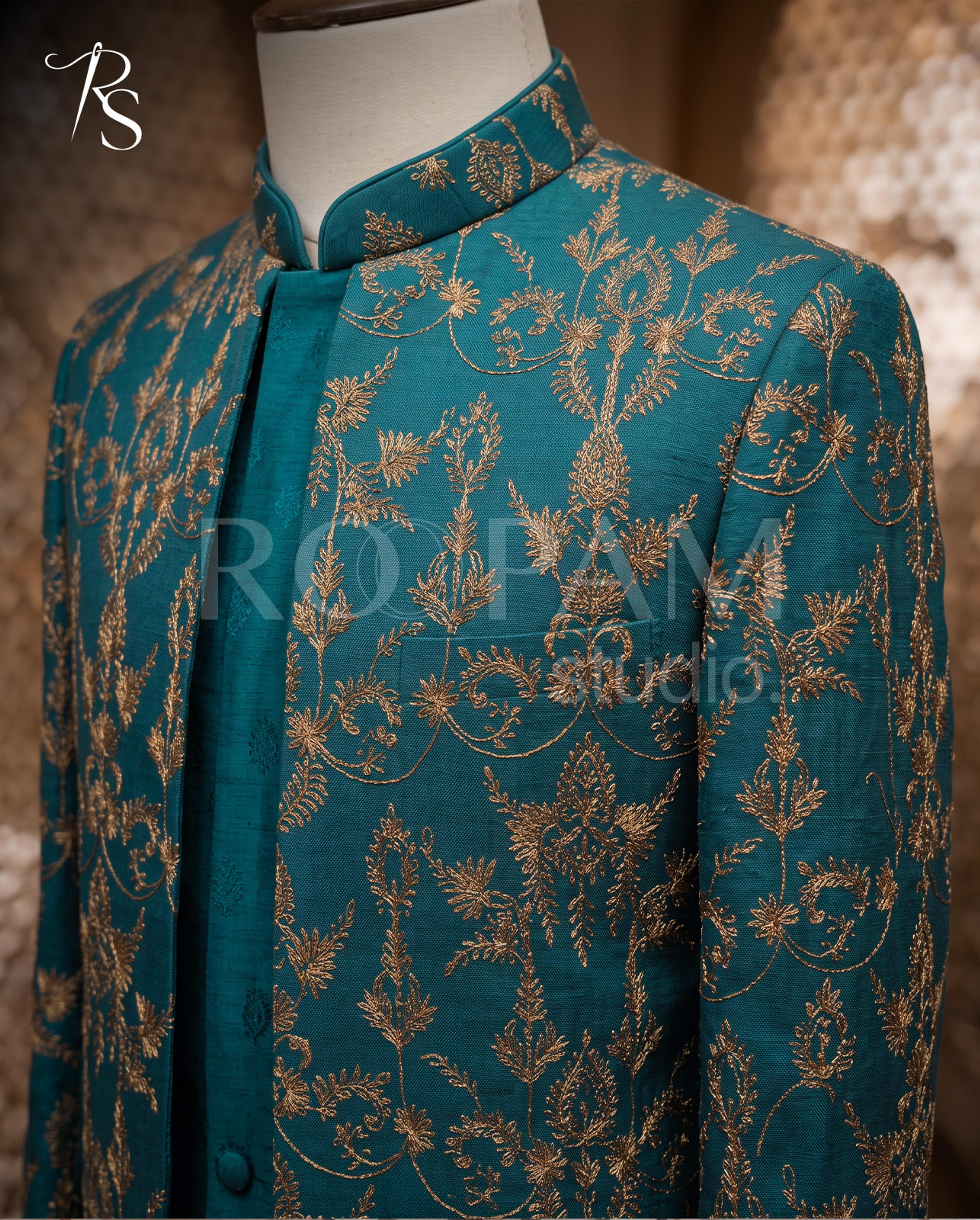 Roopam Studio Teal Green Embroidered Sherwani Set - Thumbnail 4