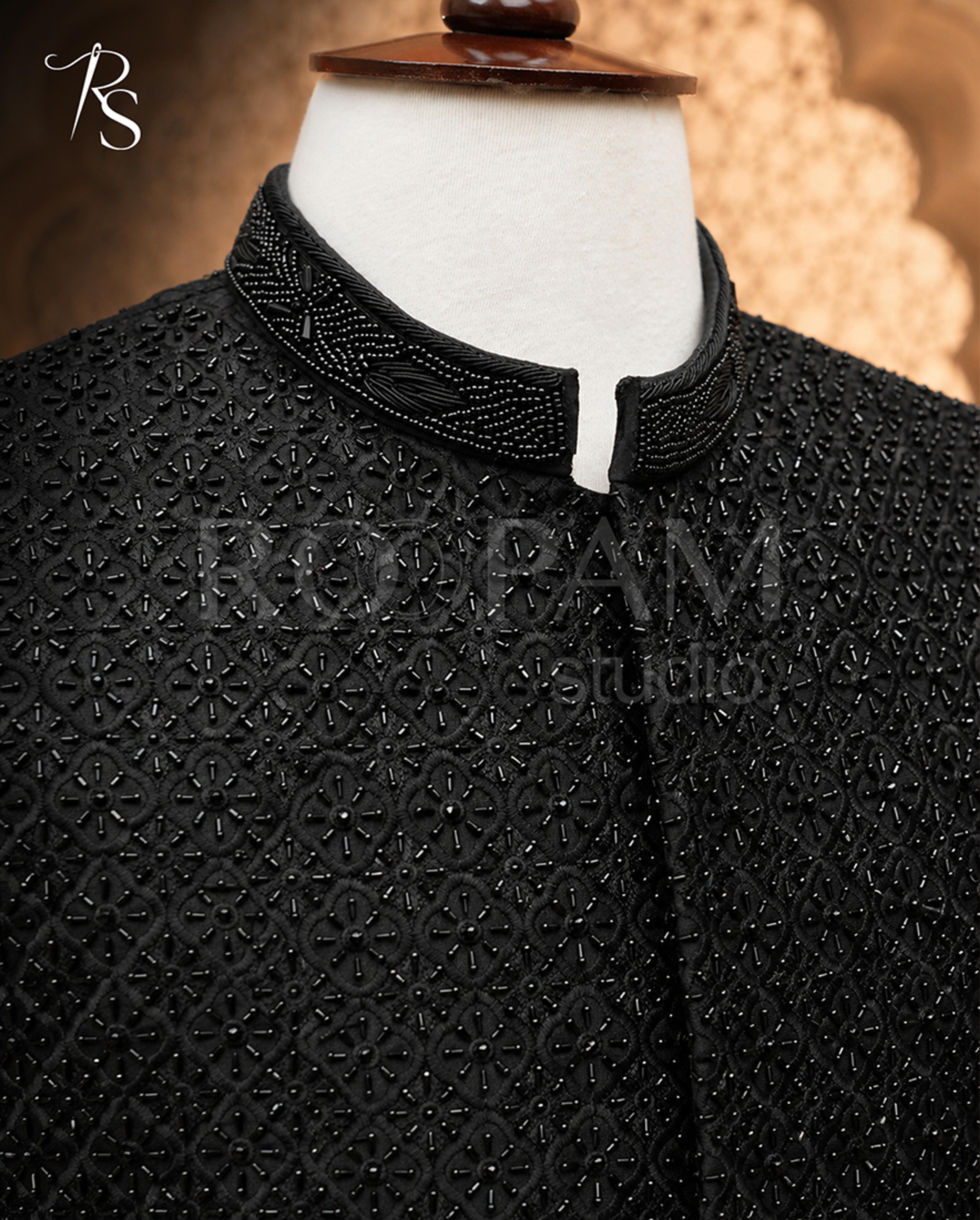 Midnight Onyx Heavily Beaded Bandhgala Sherwani - Thumbnail 5