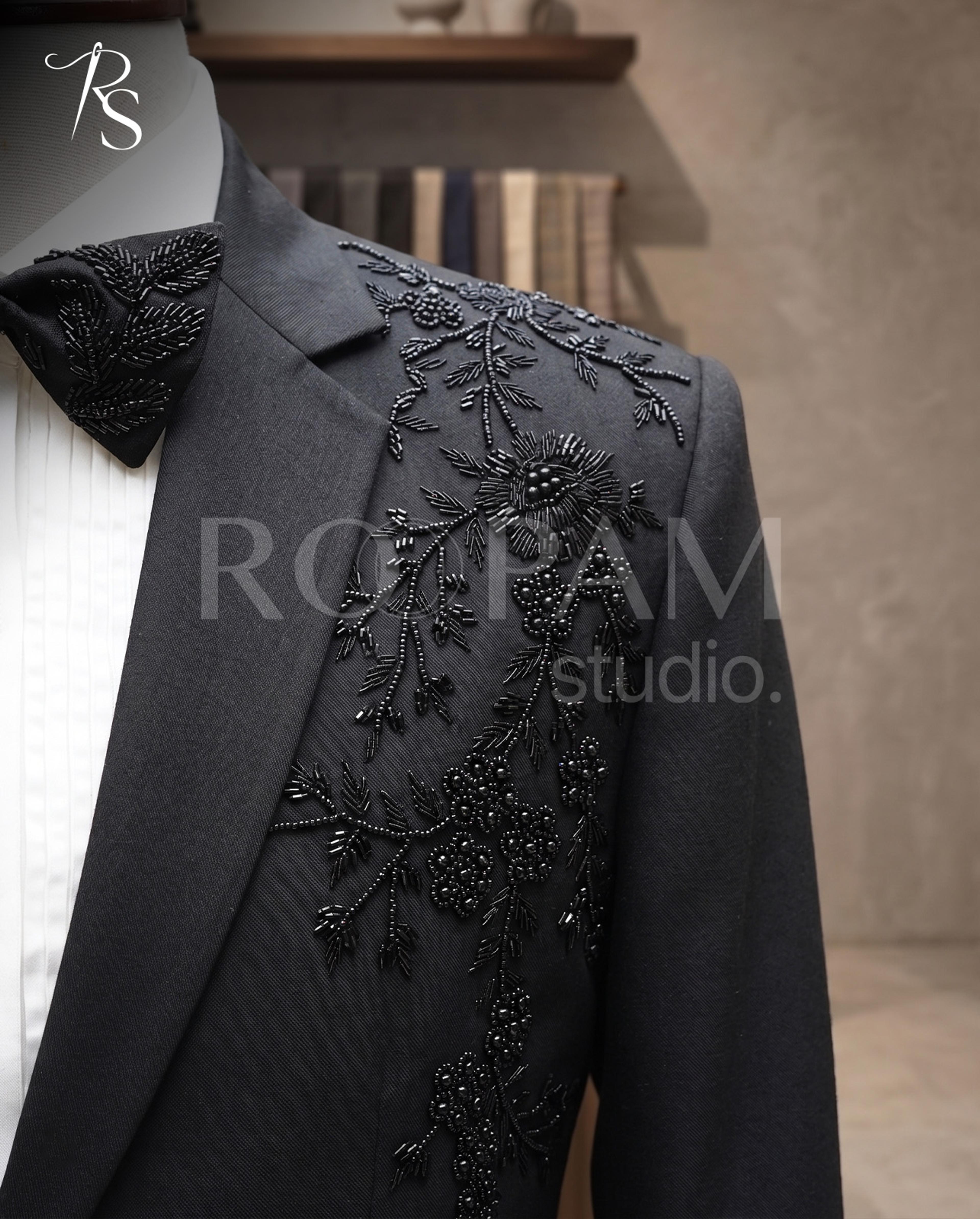 Luxury Black Asymmetrical "Floral Vine" Beaded Tuxedo Suit (2-Piece) - Thumbnail 4