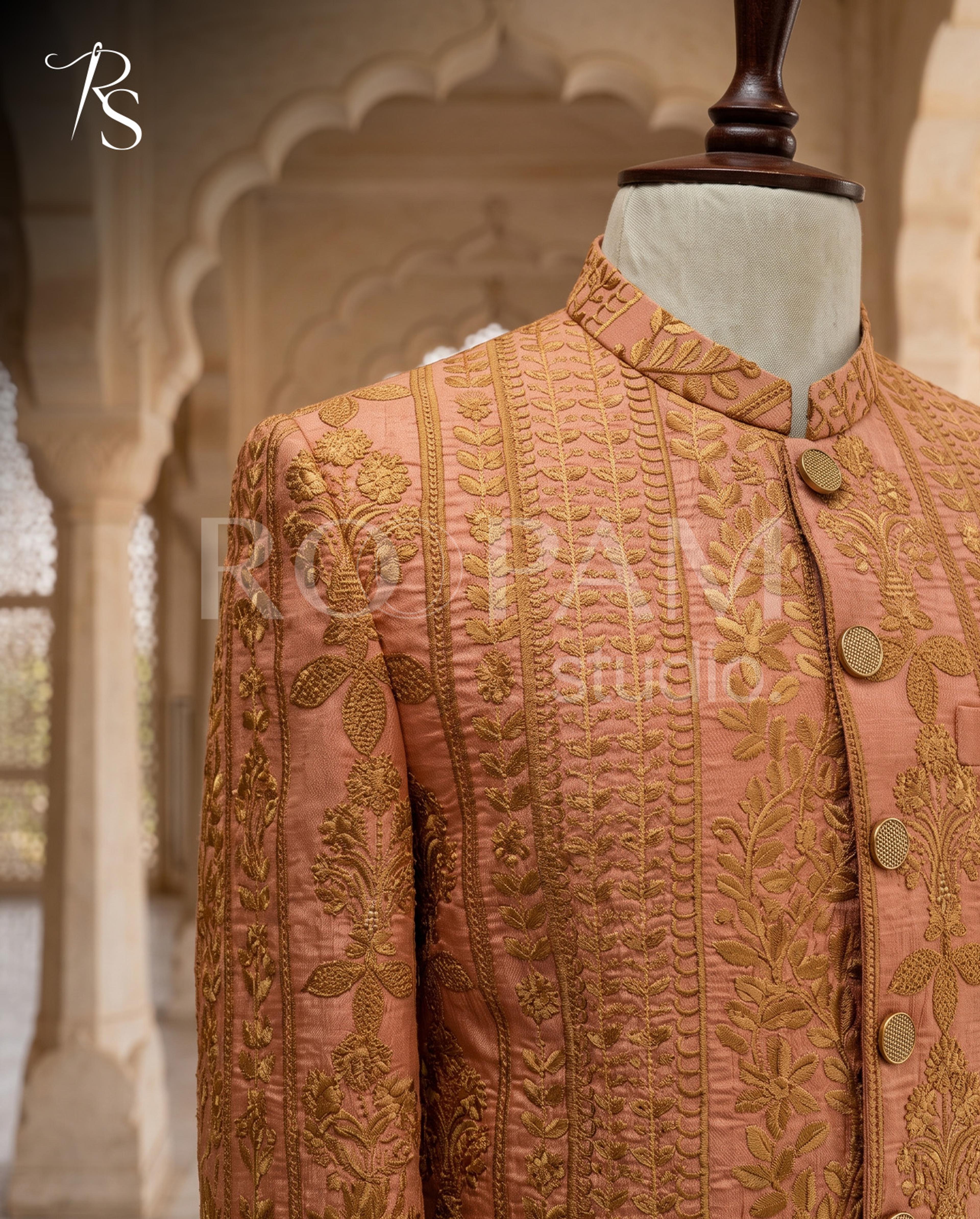 Luxury Rose Gold Floral Embroidered Prince Coat - Thumbnail 1
