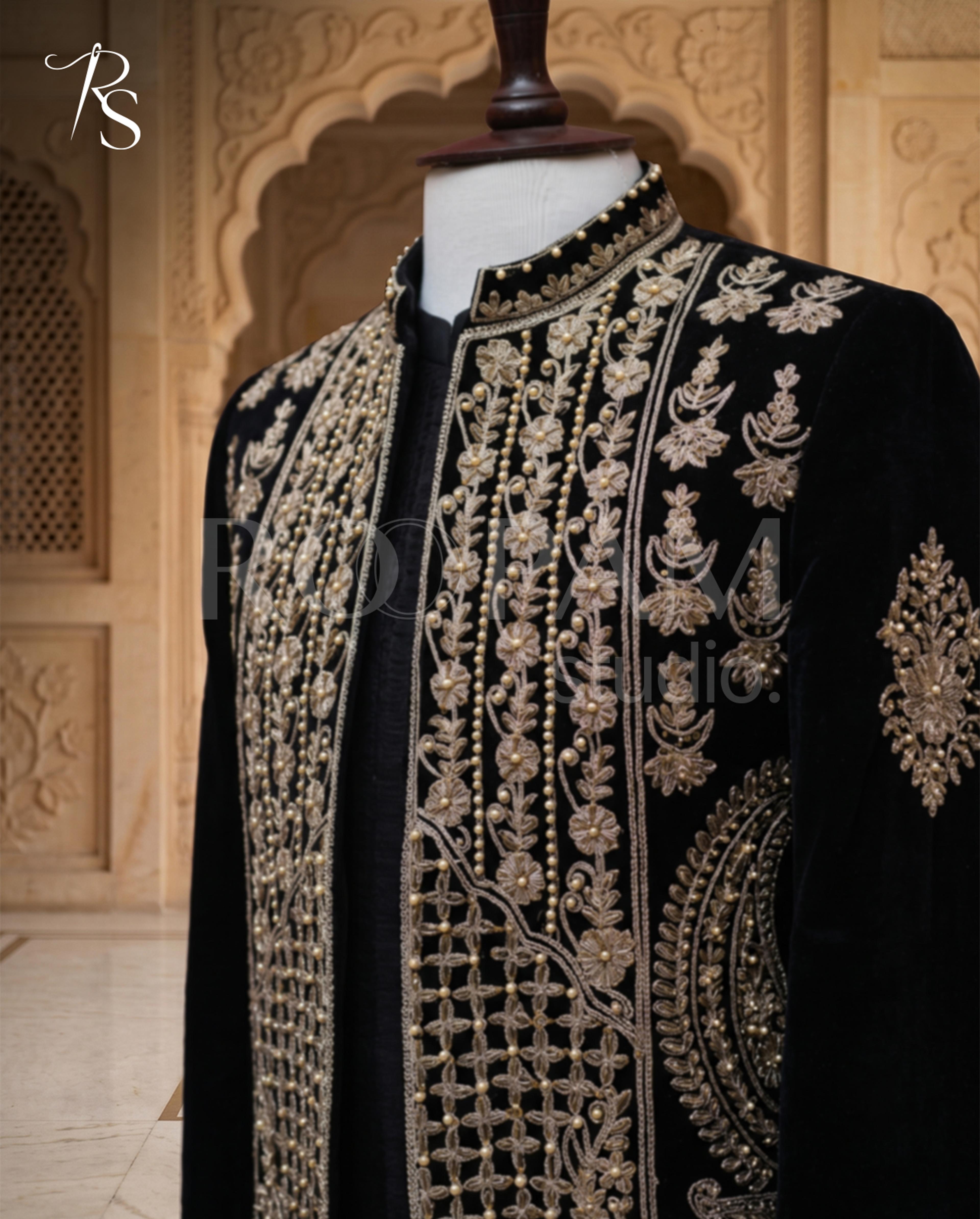 Imperial Black & Gold Embroidered Prince Coat - Thumbnail 2