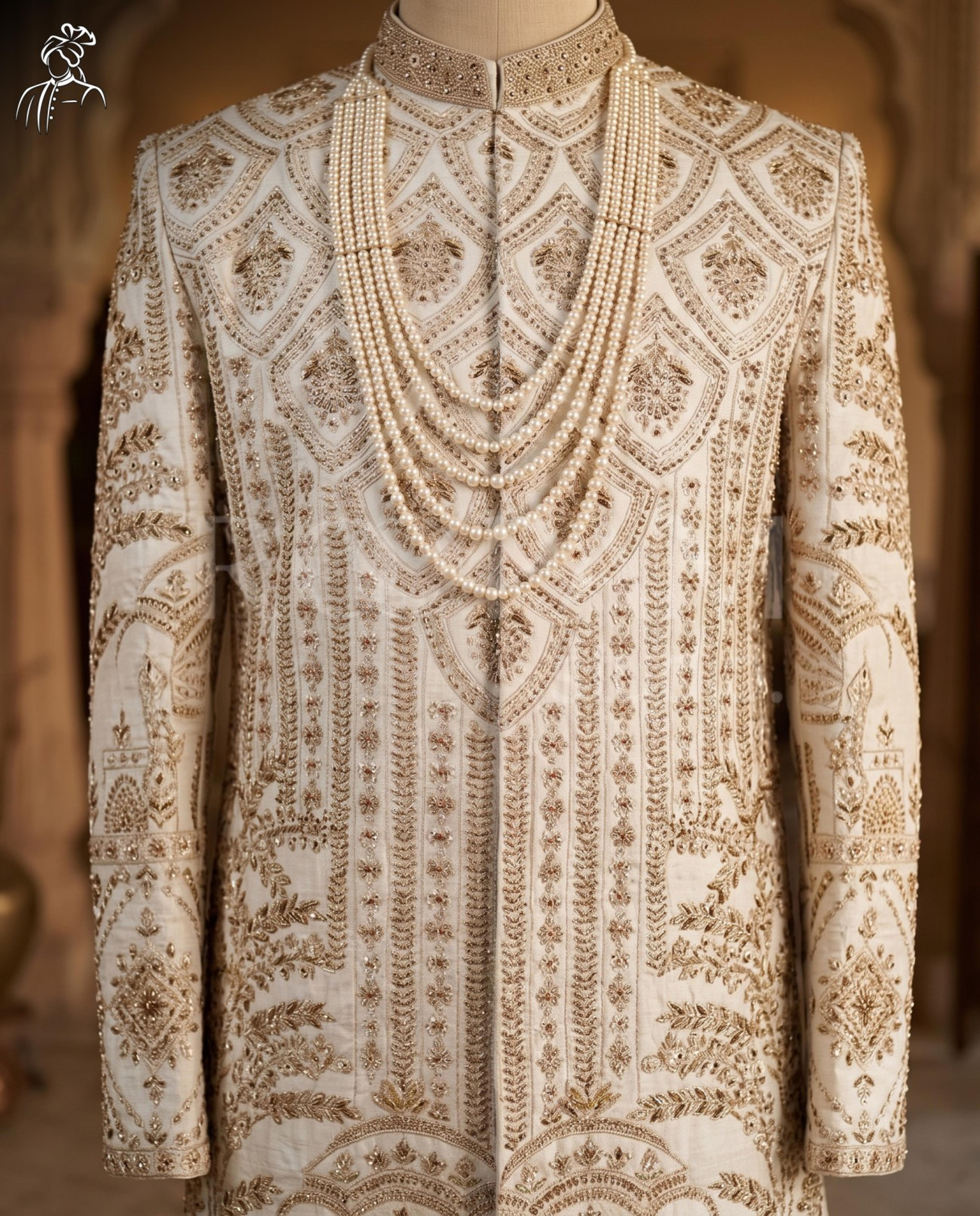 Royal Ivory & Gold Zardosi Embroidered Wedding Sherwani - Thumbnail 3