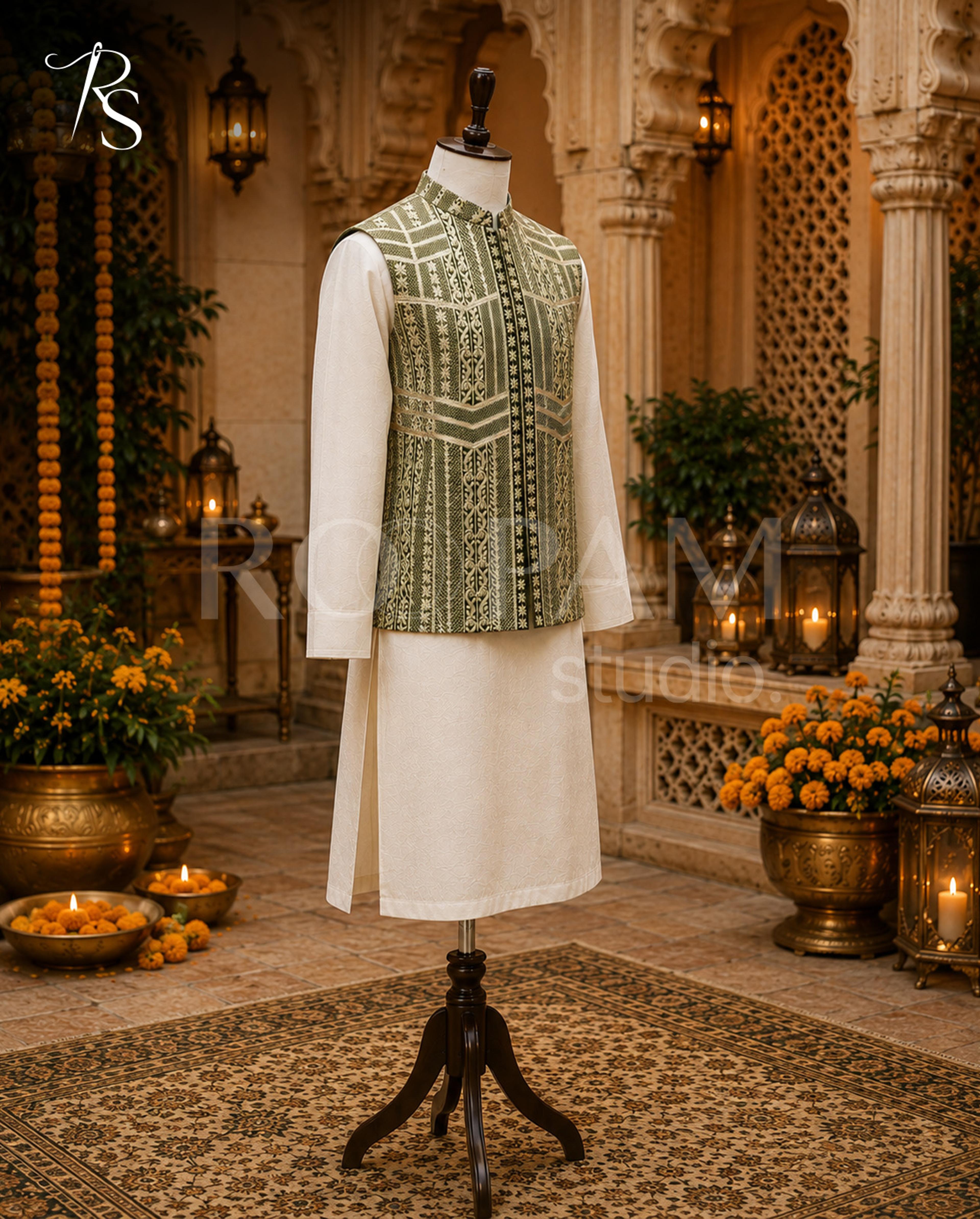 Premium Olive Green Geometric Embroidered Waistcoat - Thumbnail 3