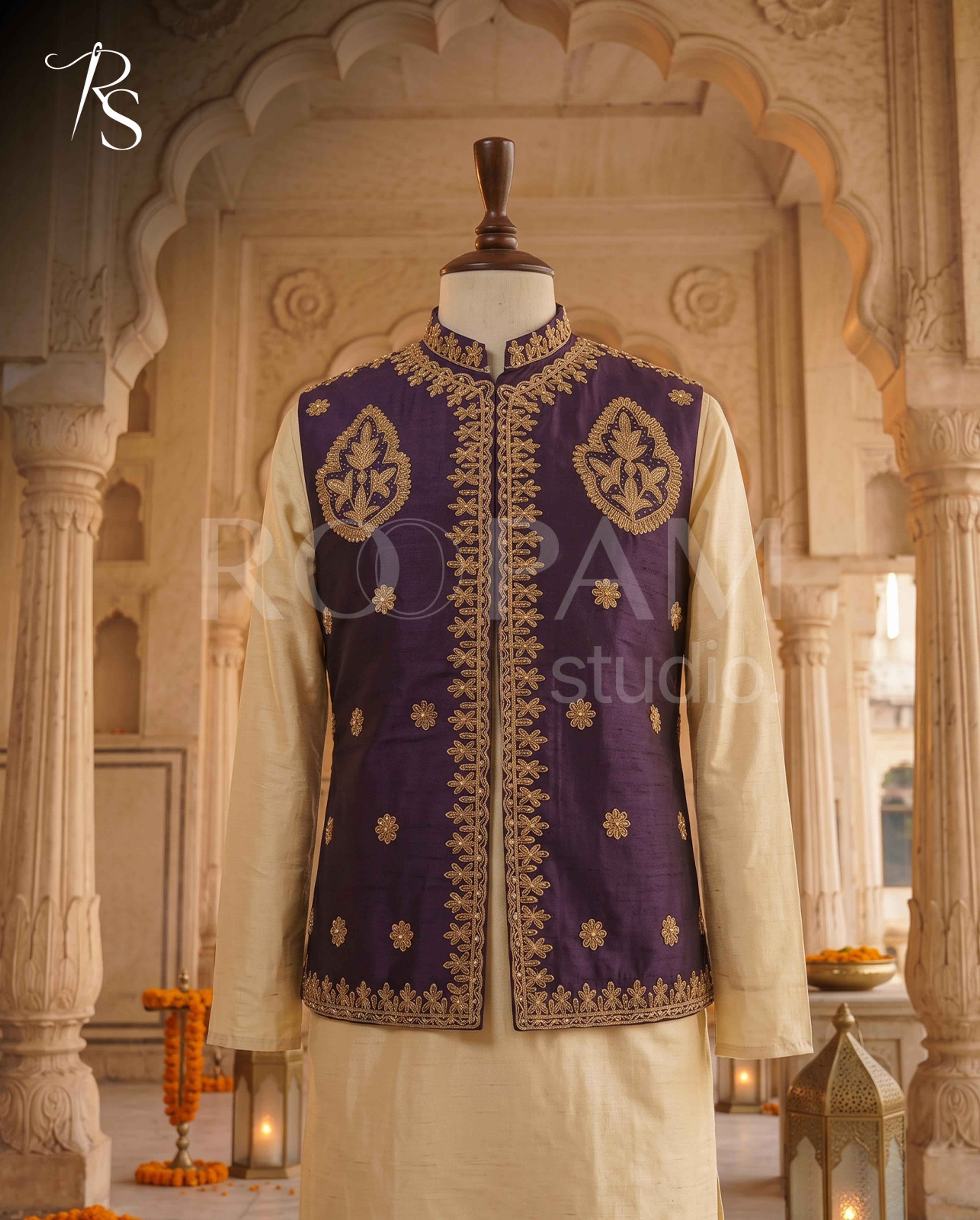 Roopam Studio Royal Purple Embroidered Silk Waistcoat - Thumbnail 4