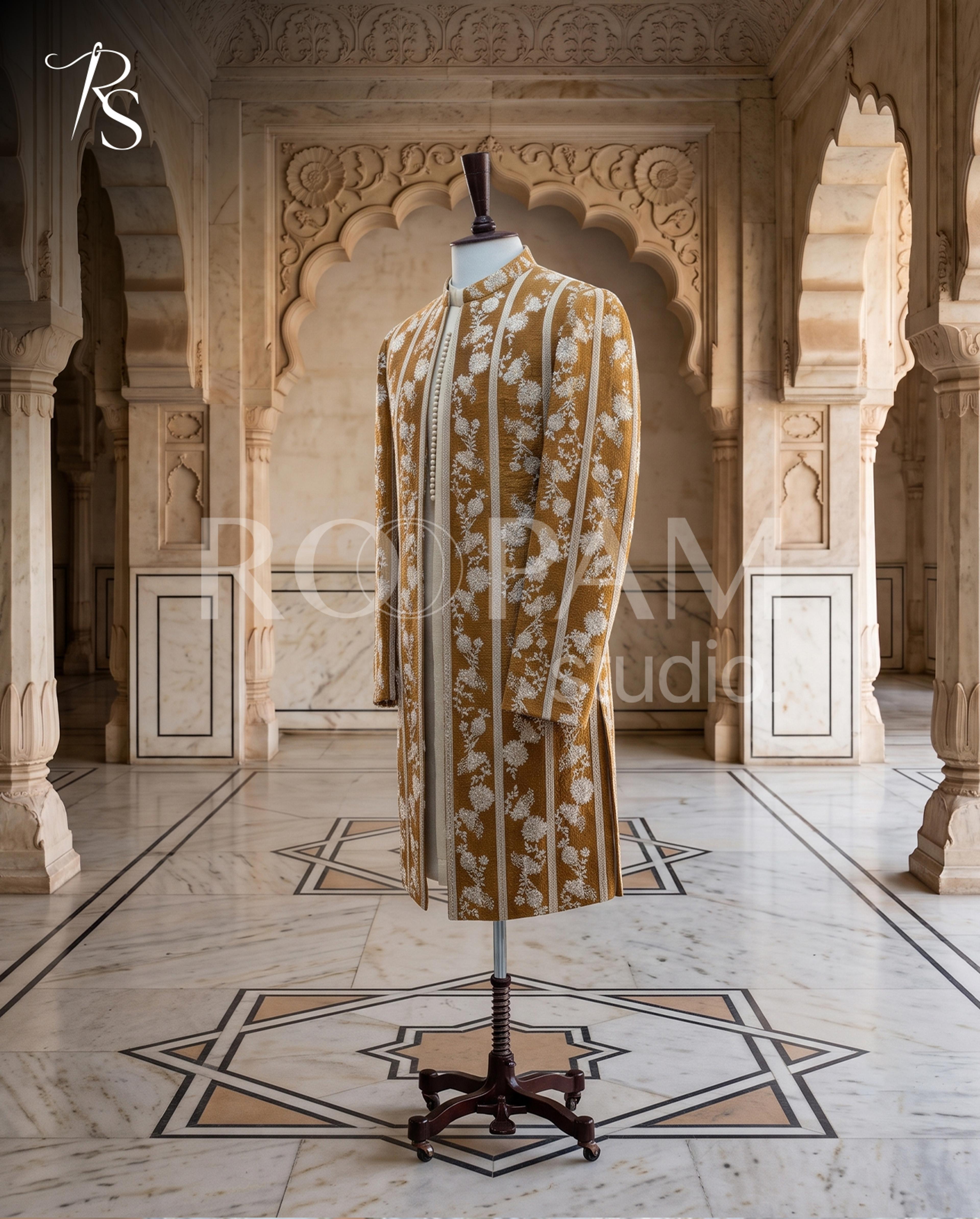 Royal Brown & Silver Floral Open Sherwani - Thumbnail 3