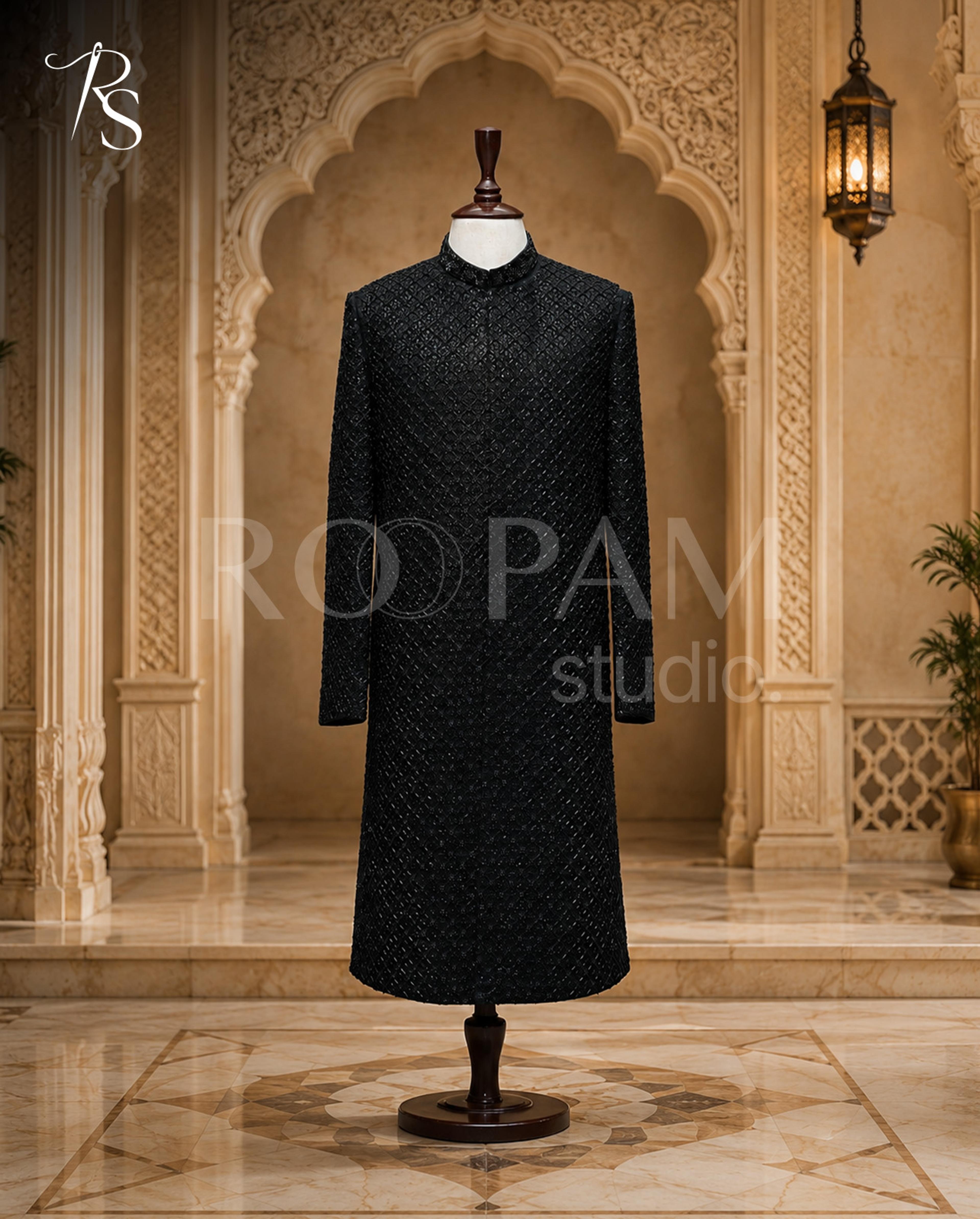 Premium Black Beaded Embroidered Sherwani - Thumbnail 4