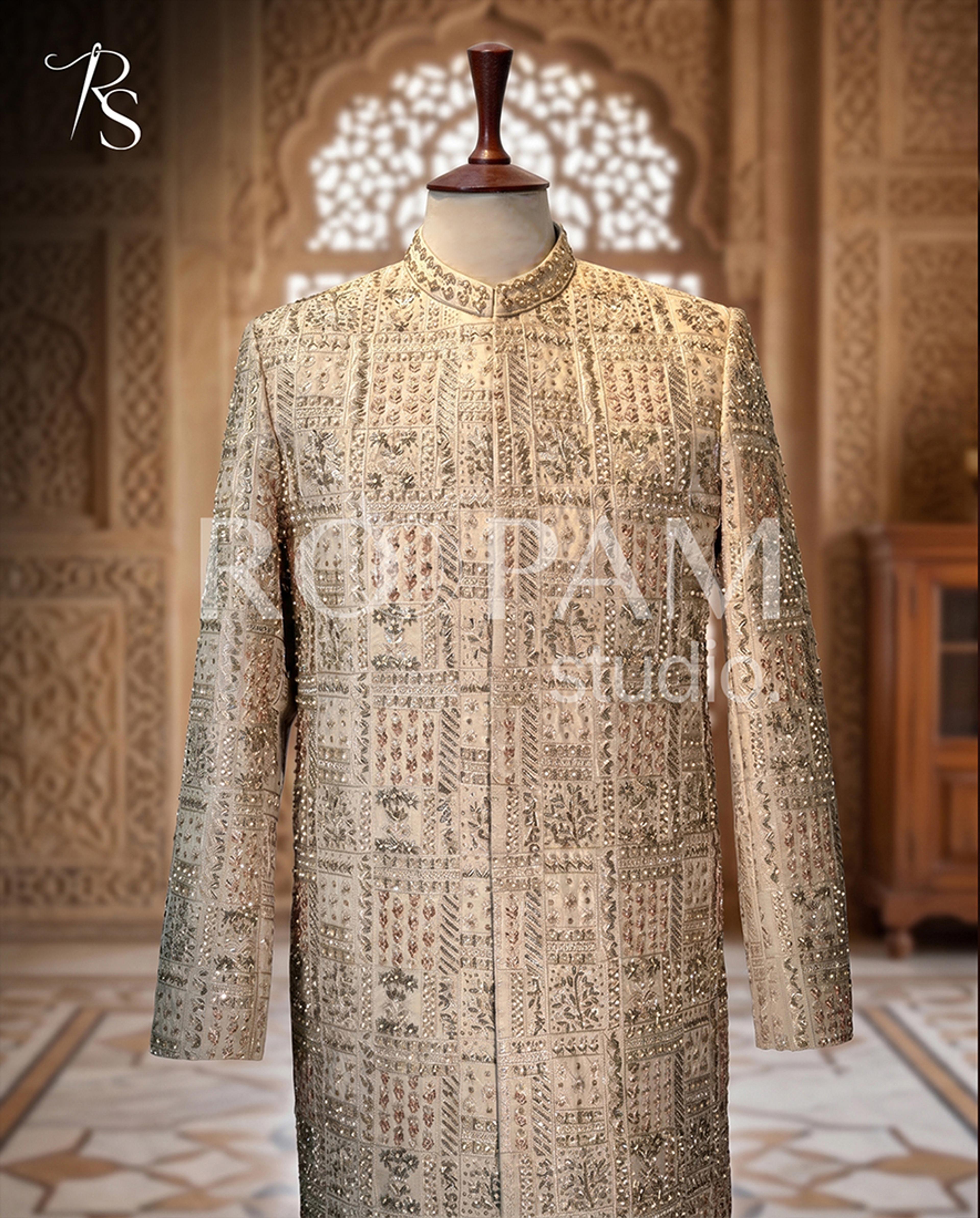Royal Ivory Grid Embroidered Masoori Sherwani - Thumbnail 2