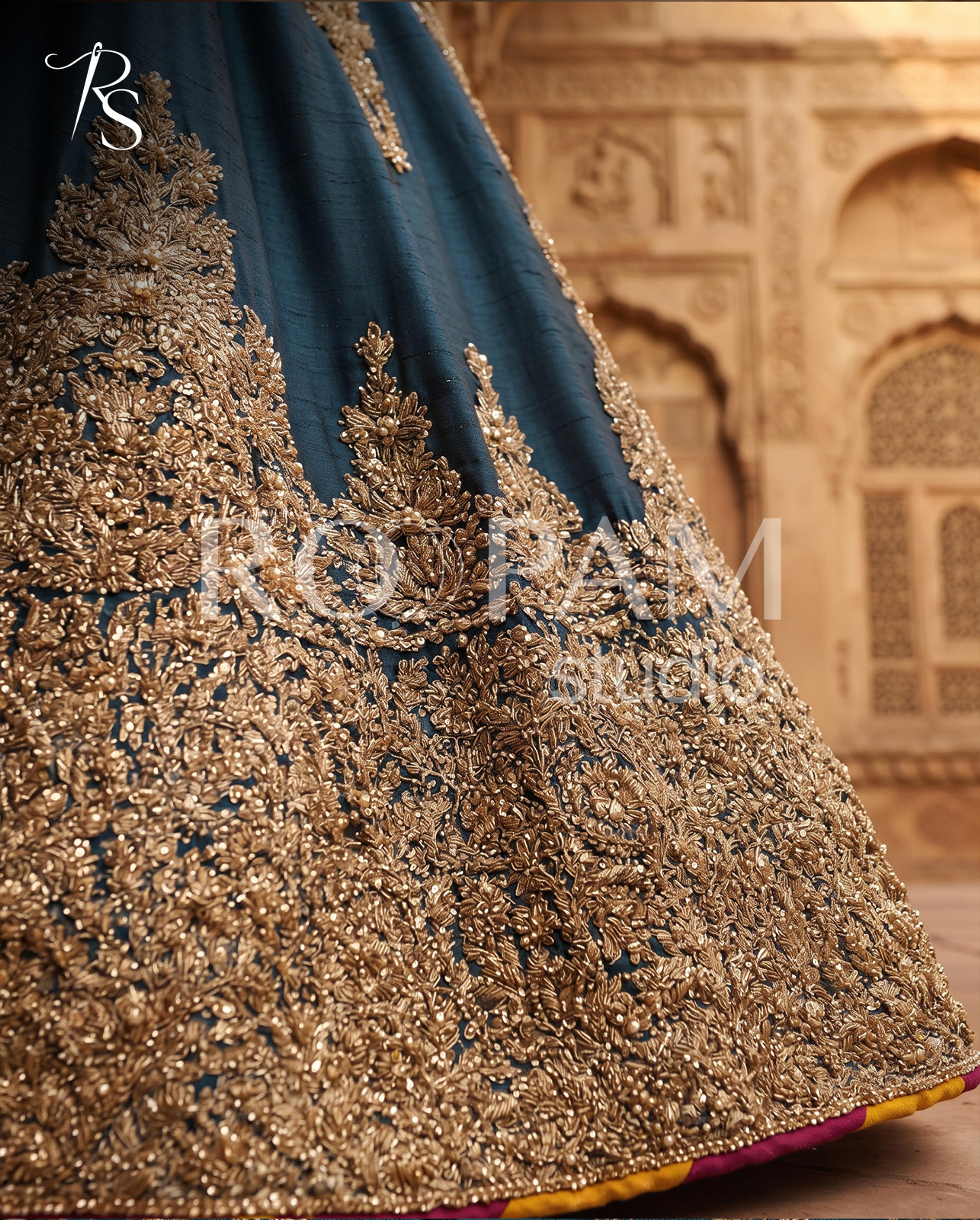 Midnight Teal Zardozi Mehndi Lehenga - Thumbnail 3