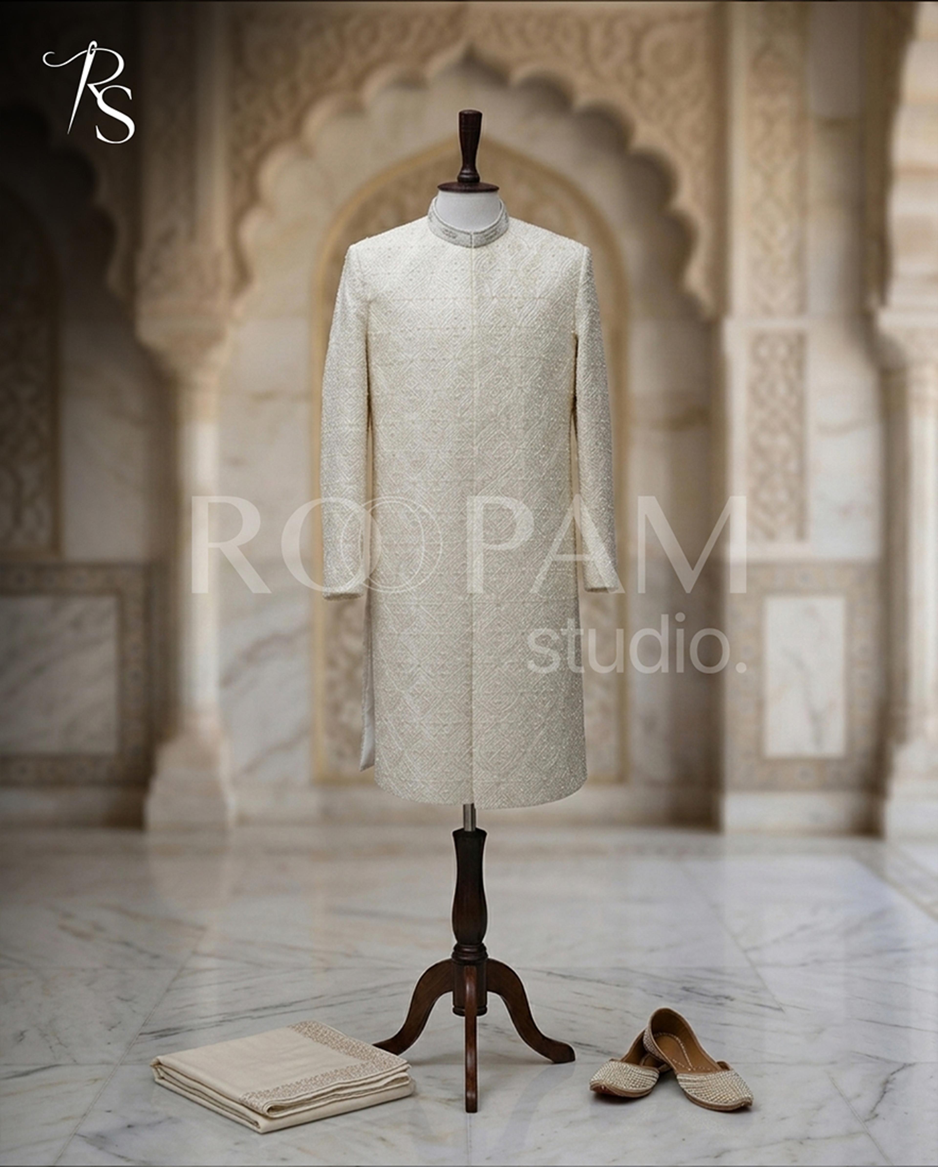 Geometric Pearl Motif Ivory Masoori Sherwani - Thumbnail 4
