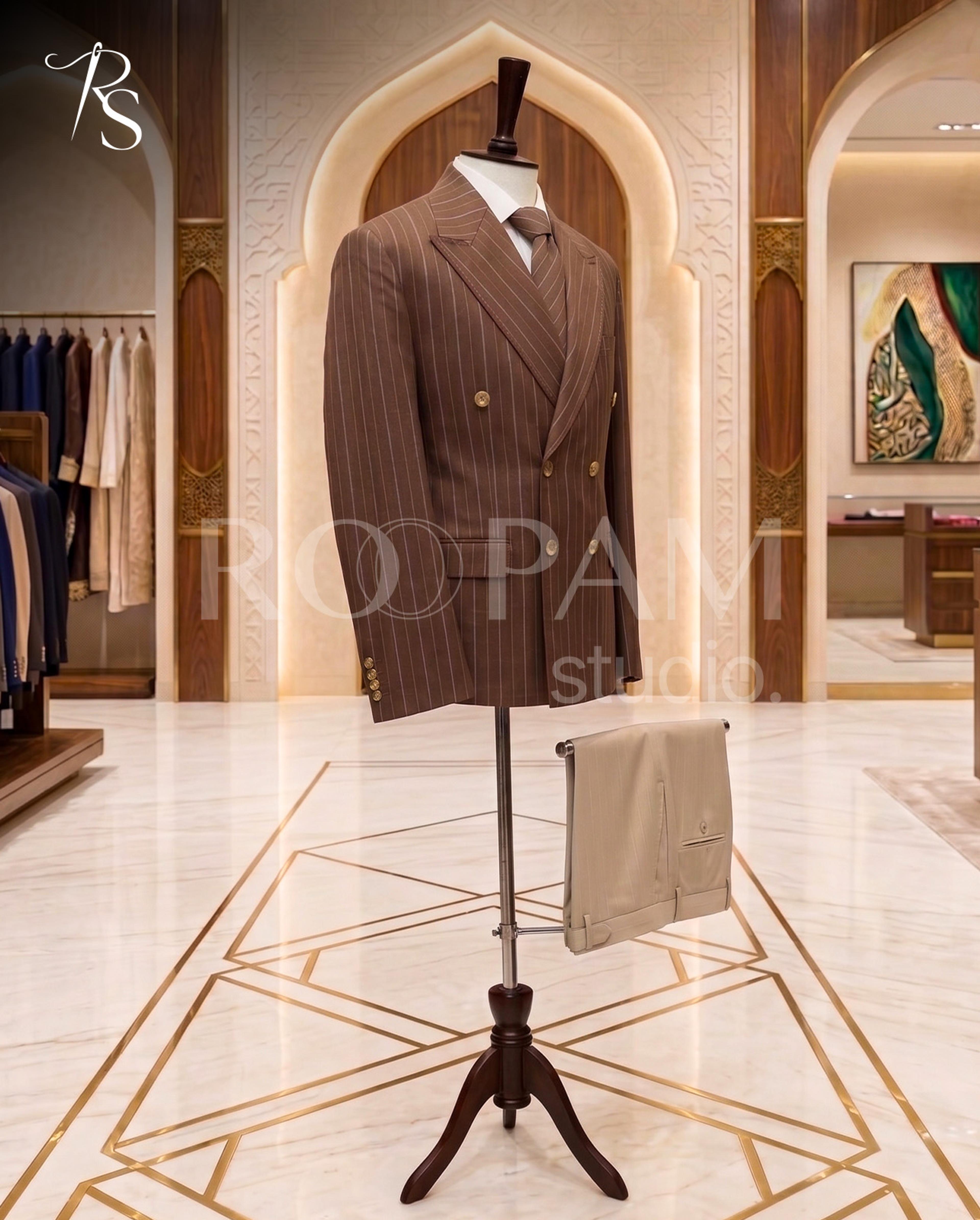 Premium Brown Pinstripe Double-Breasted Suit (2-Piece) - Thumbnail 4