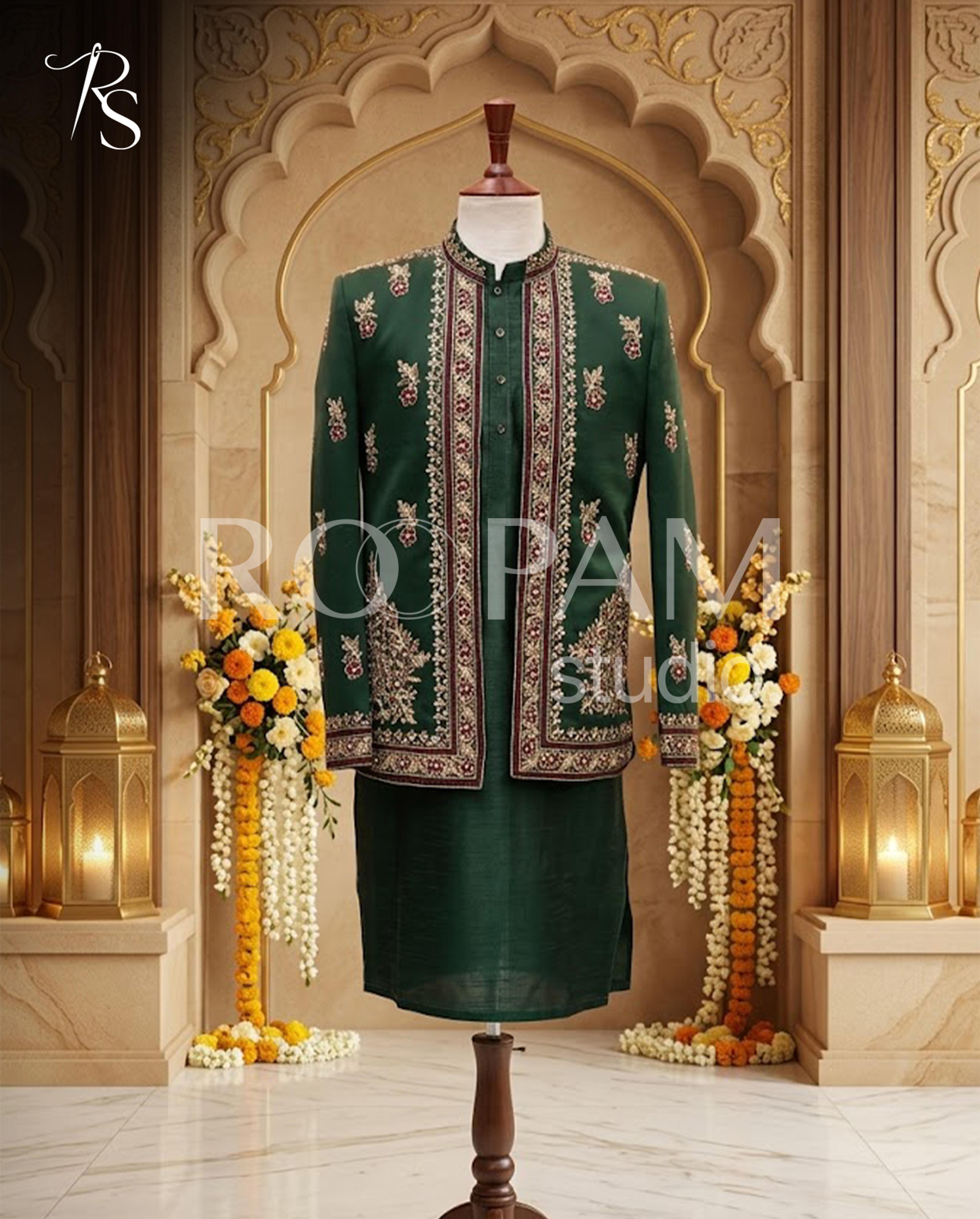 Premium Emerald Green Embroidered Prince Coat – Mehndi Suit for Boys & Men