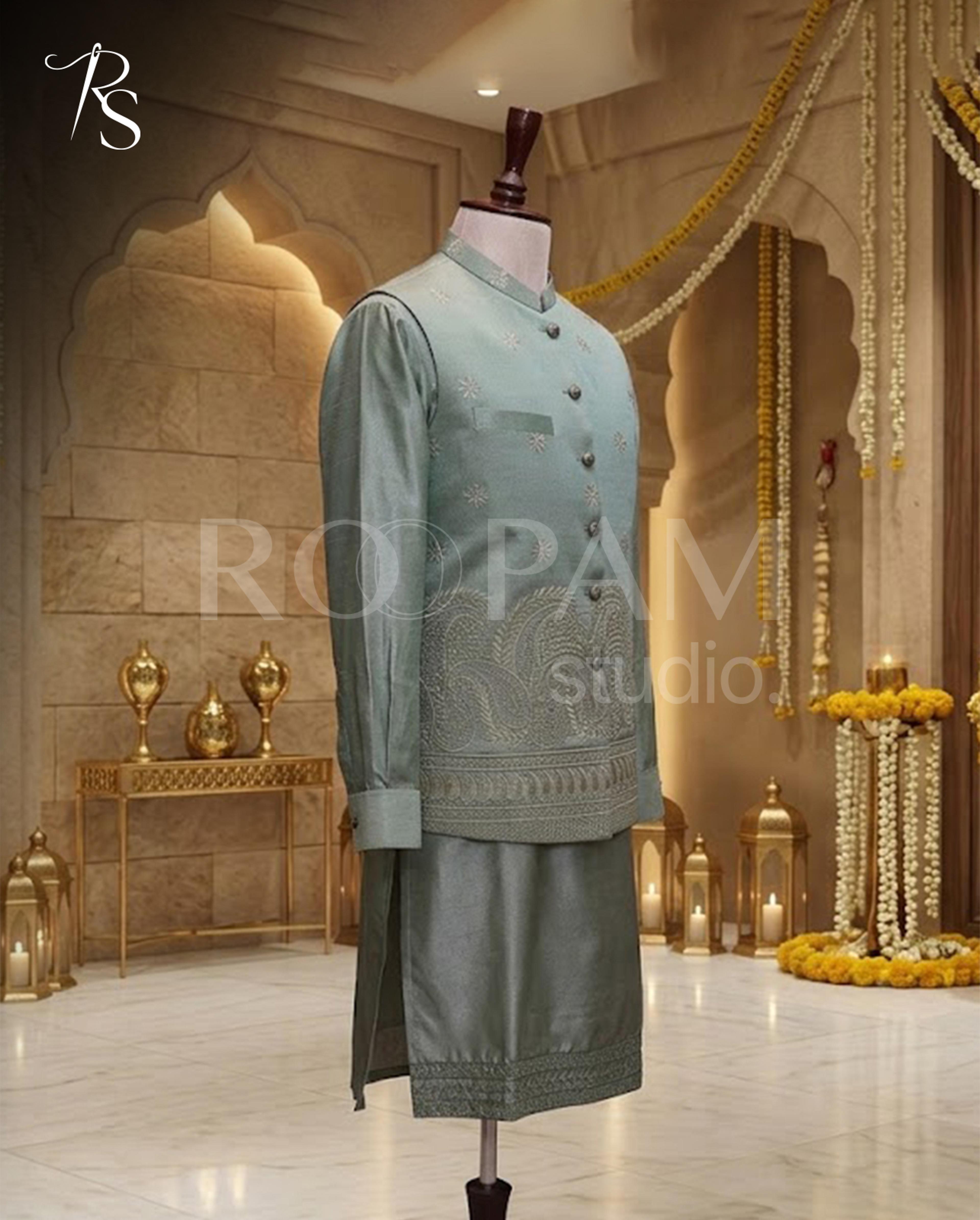 Premium Sage Green Embroidered Waistcoat & Kurta Set | Men's Mehndi Dress