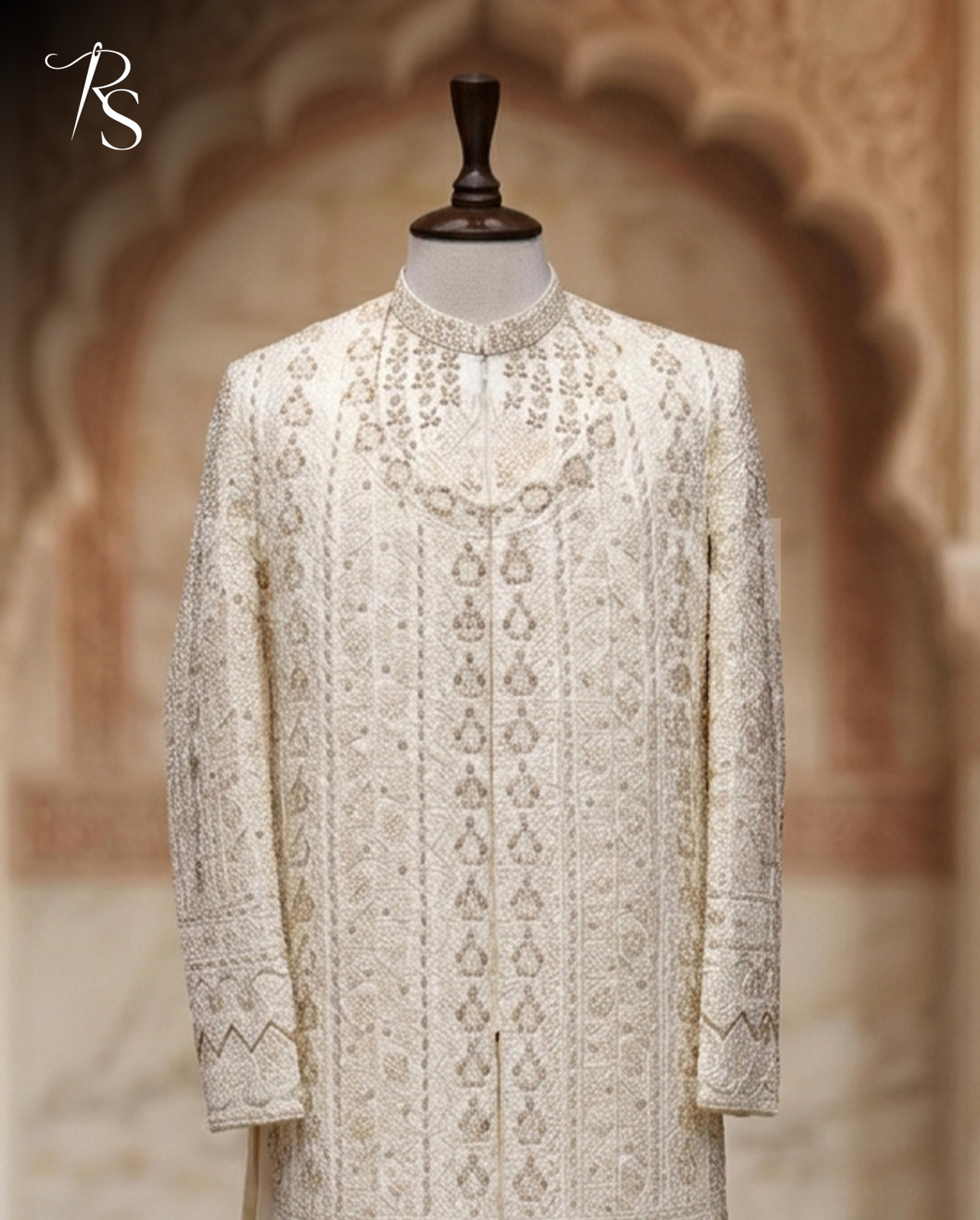 Roopam Studio Premium Cream Embellished Sherwani Set - Thumbnail 3