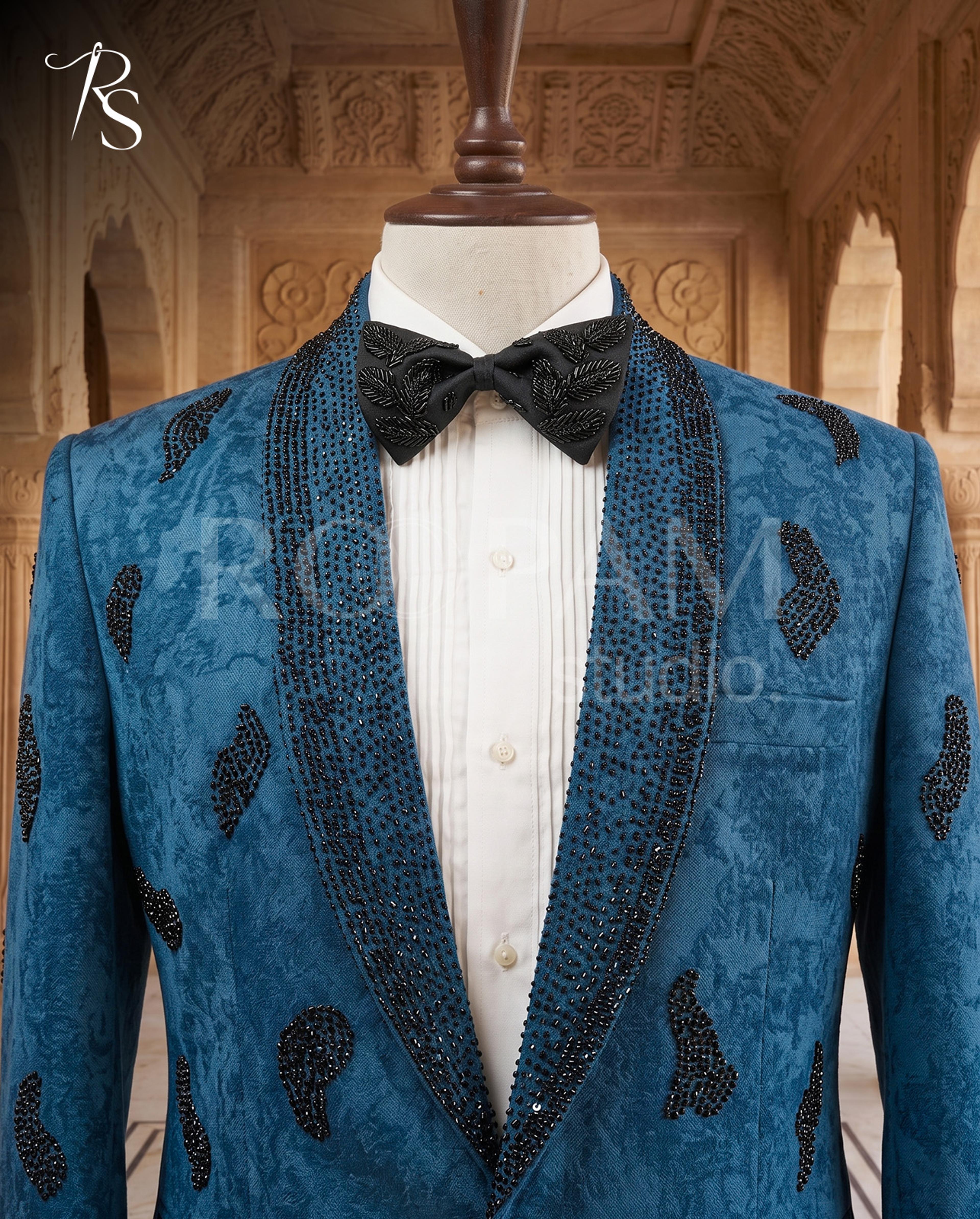 Designer Blue Hand-Work Tuxedo Pant Coat - Thumbnail 4