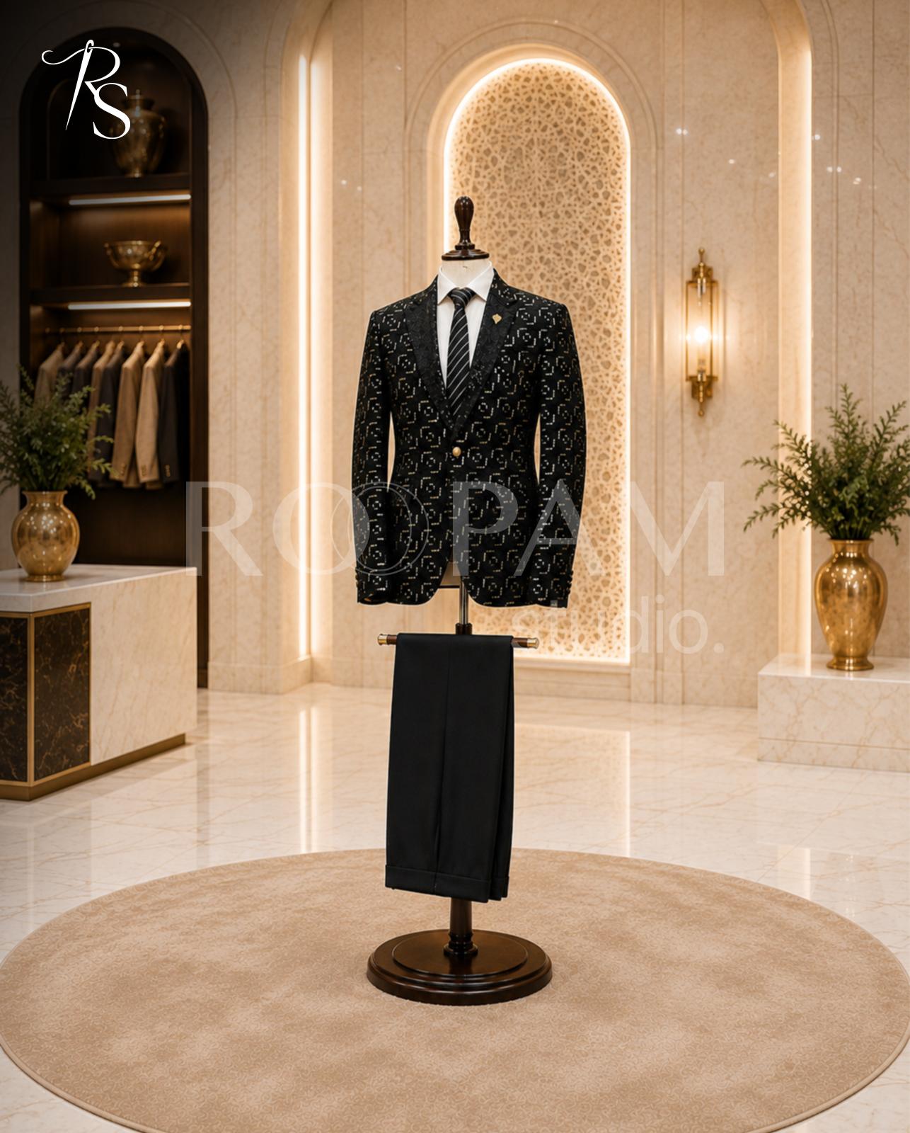 Glamorous Black & Gold Patterned 2-Piece Suit - Image 1