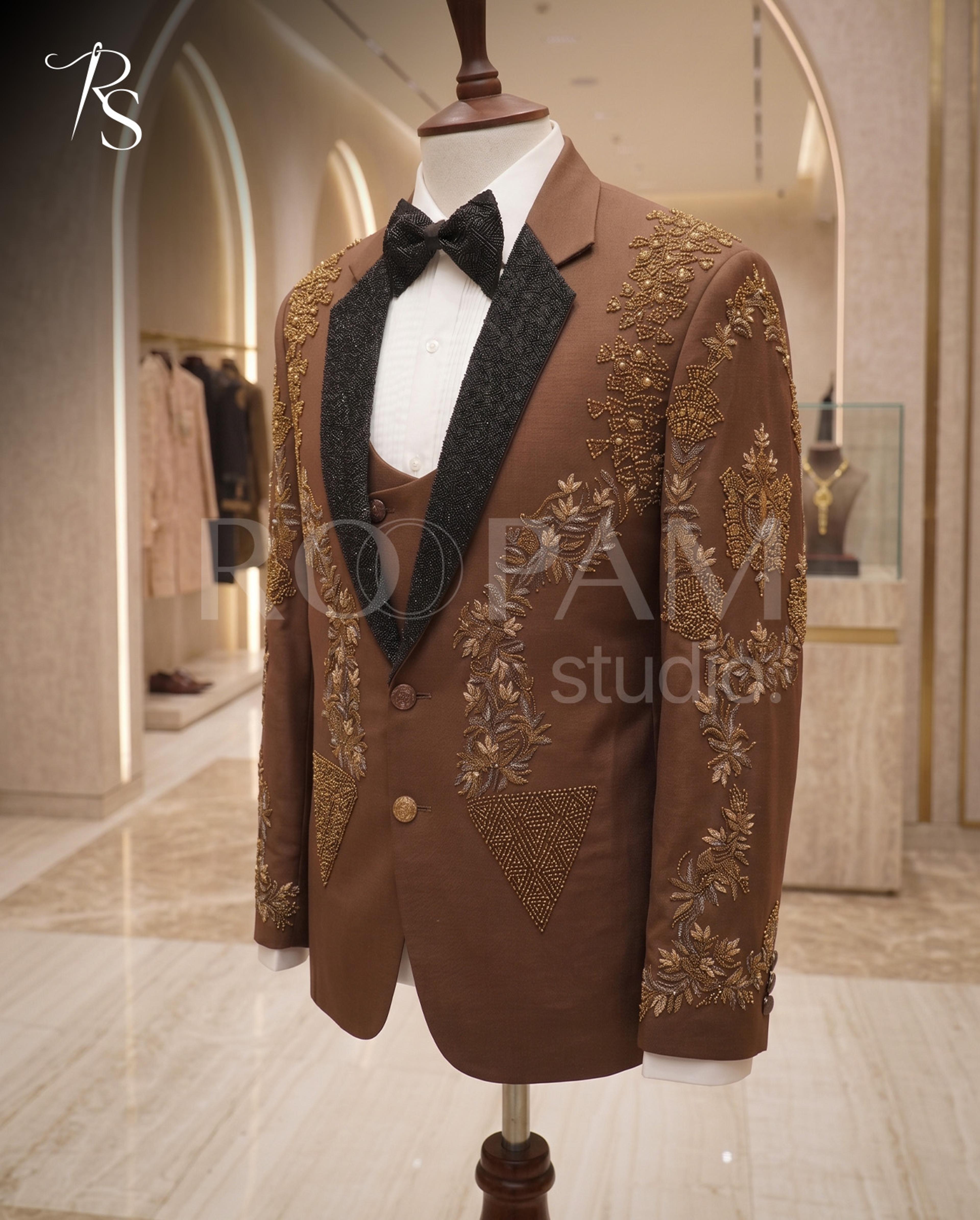 Roopam Studio Royal Embellished Brown 3-Piece Tuxedo - Thumbnail 4