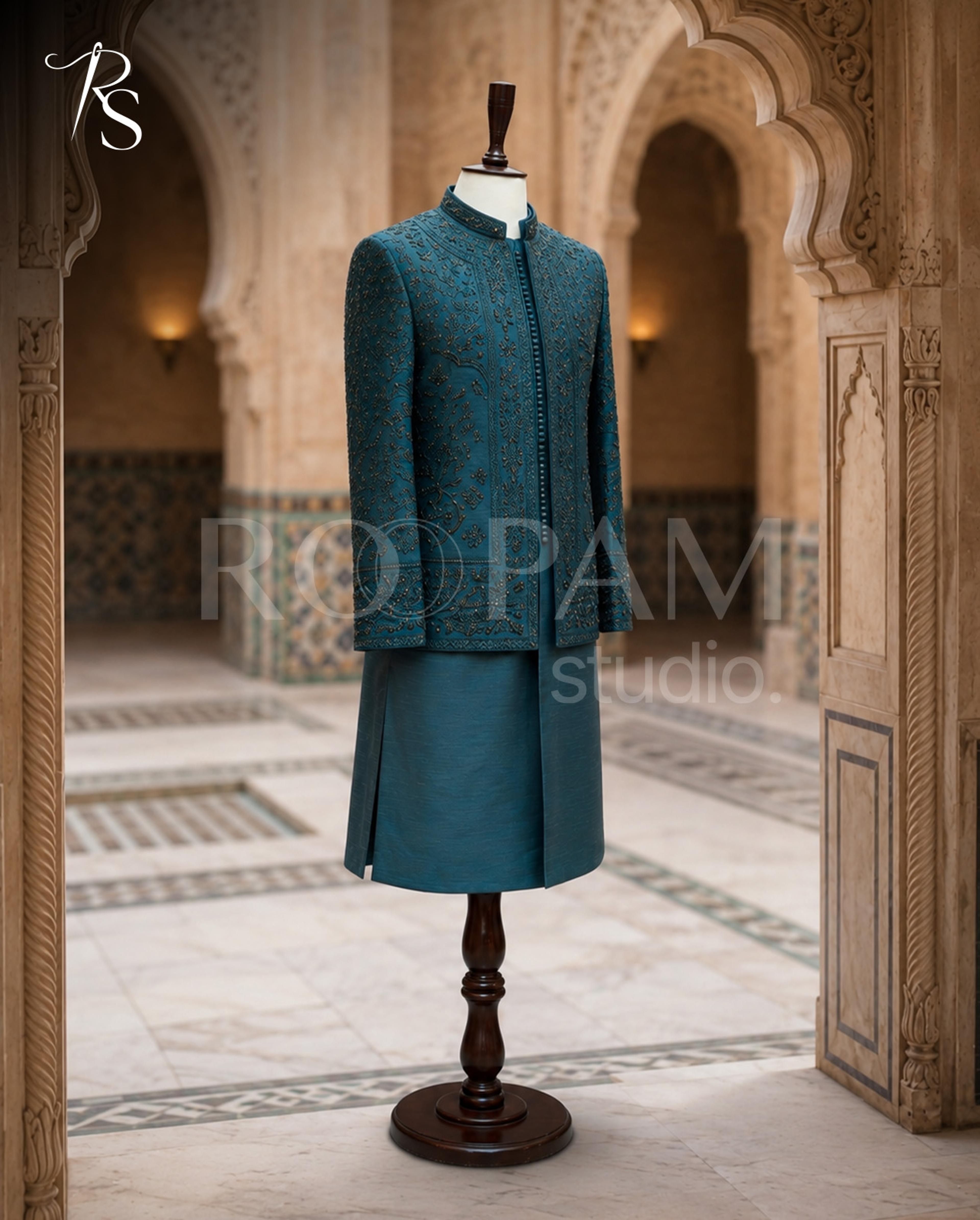 Premium Deep Teal Beaded Open Prince Coat - Thumbnail 3
