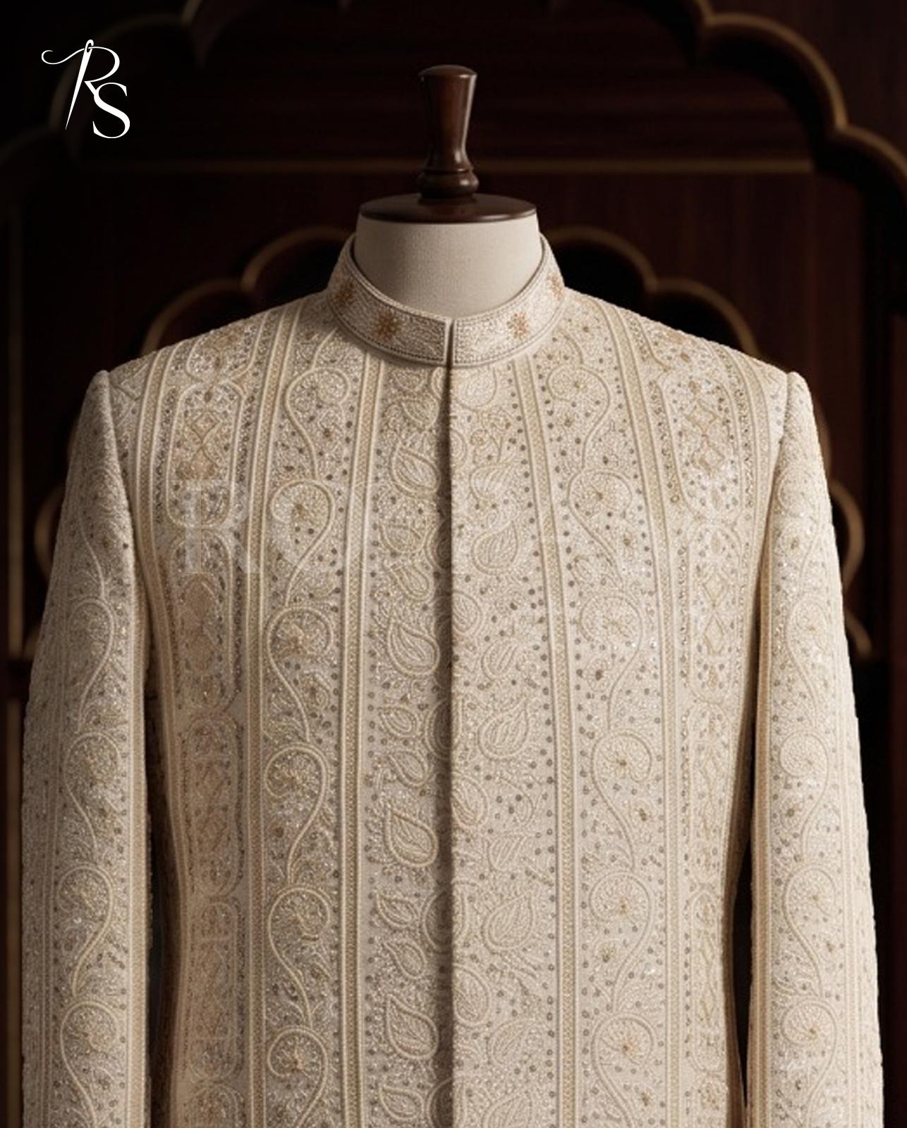 Ivory Gold Embroidered Masoori Groom's Sherwani - Image 1
