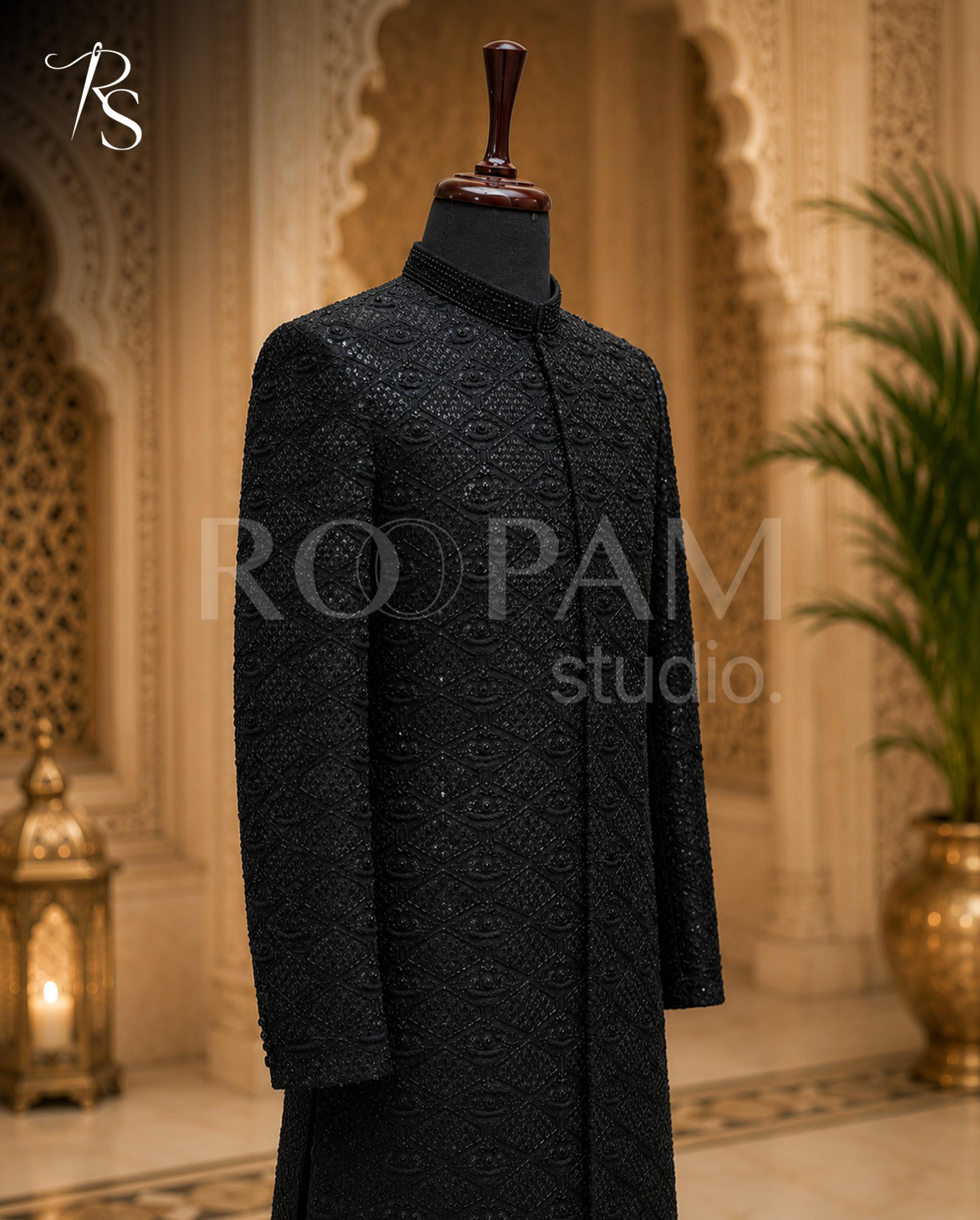 Premium All-Black Embroidered Sherwani - Thumbnail 4