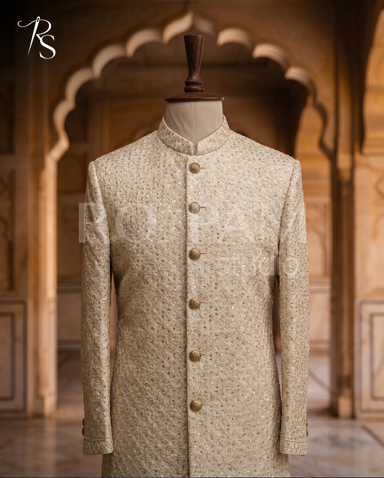 Luxury Cream Self-Sequin & Tilla Embroidered Prince Coat - Image 1