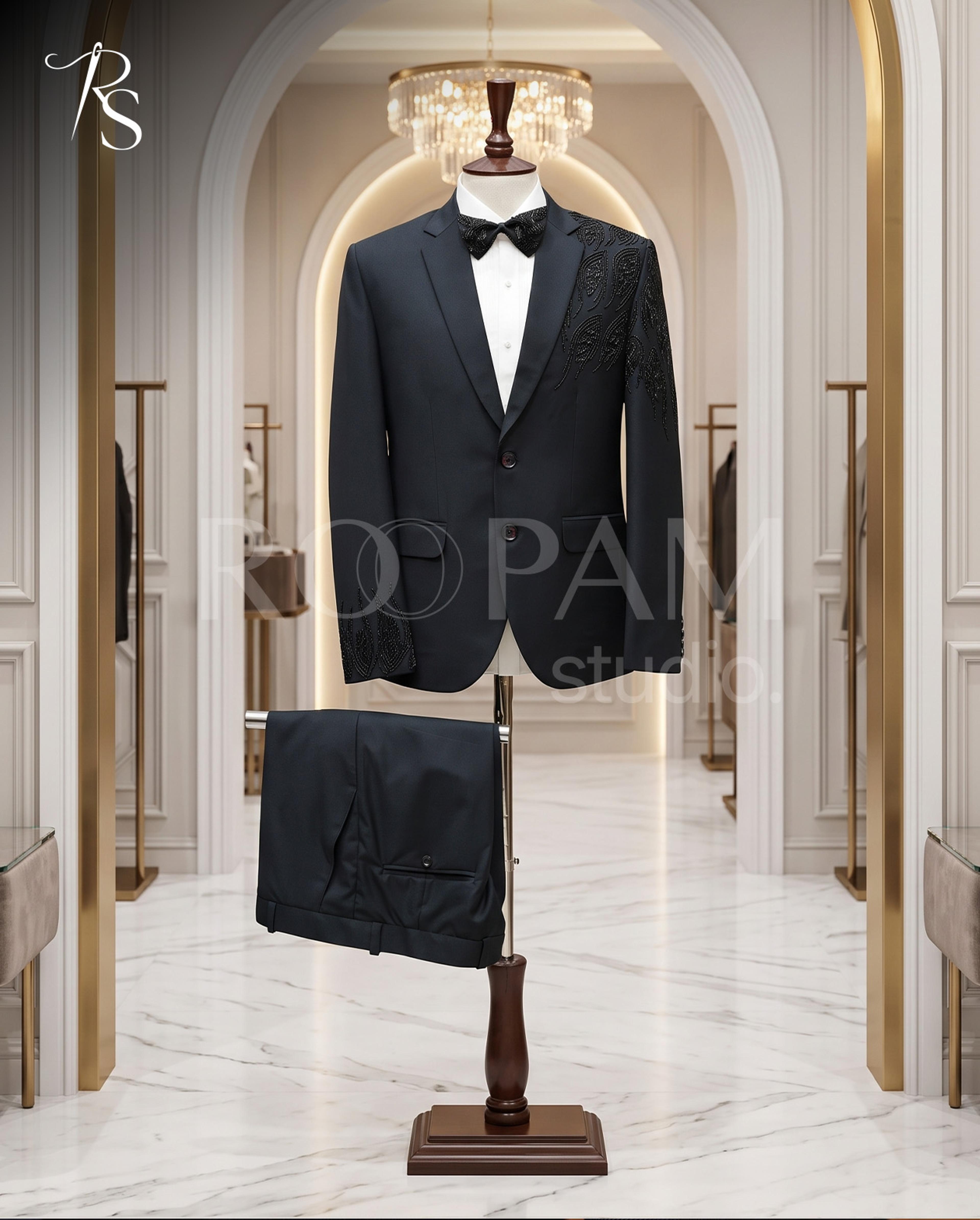 Luxury Black Asymmetrical "Feather Motif" Beaded Suit (2-Piece) - Thumbnail 5