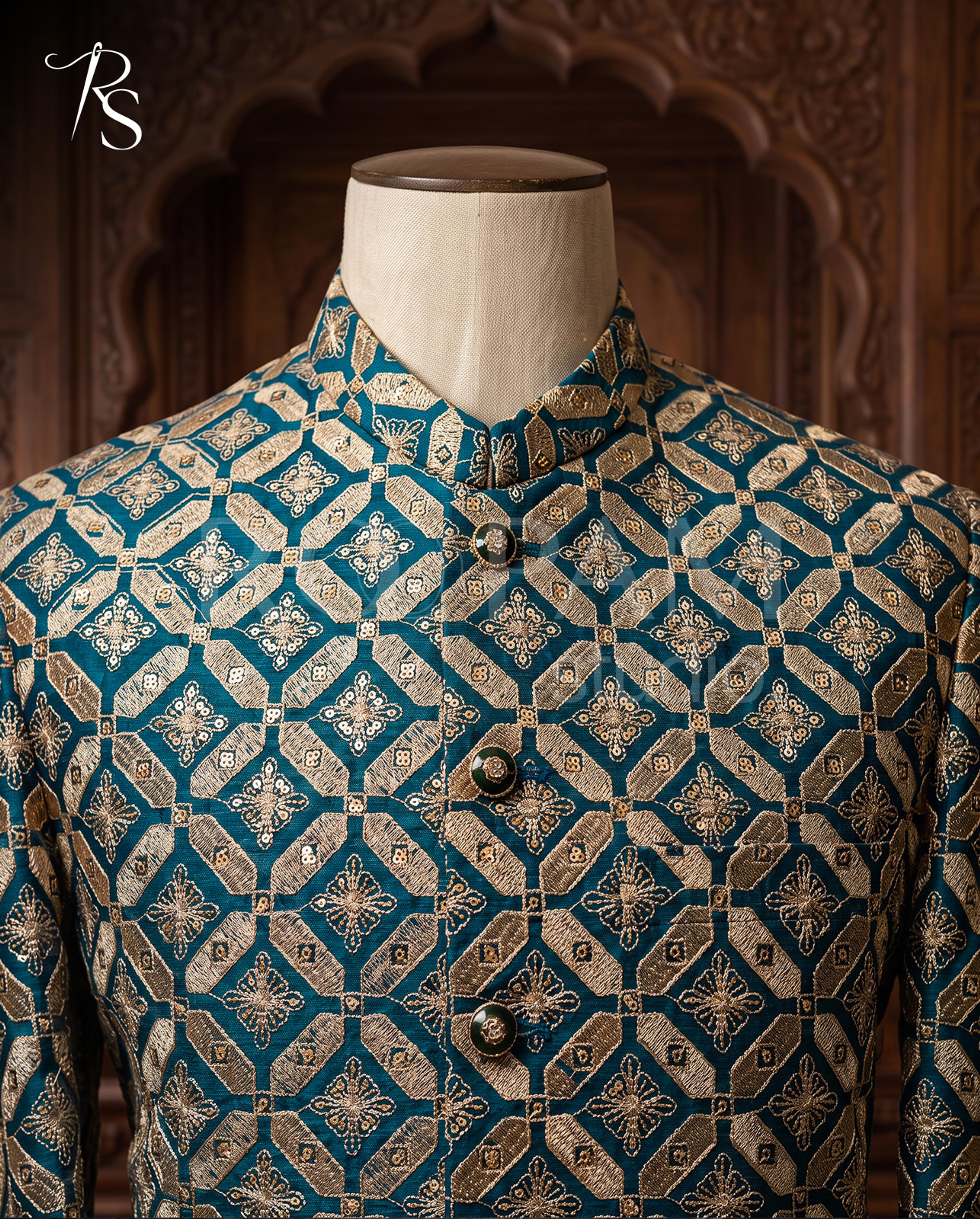 Luxury Teal Green Geometric Diamond Embroidered Prince Coat - Thumbnail 3