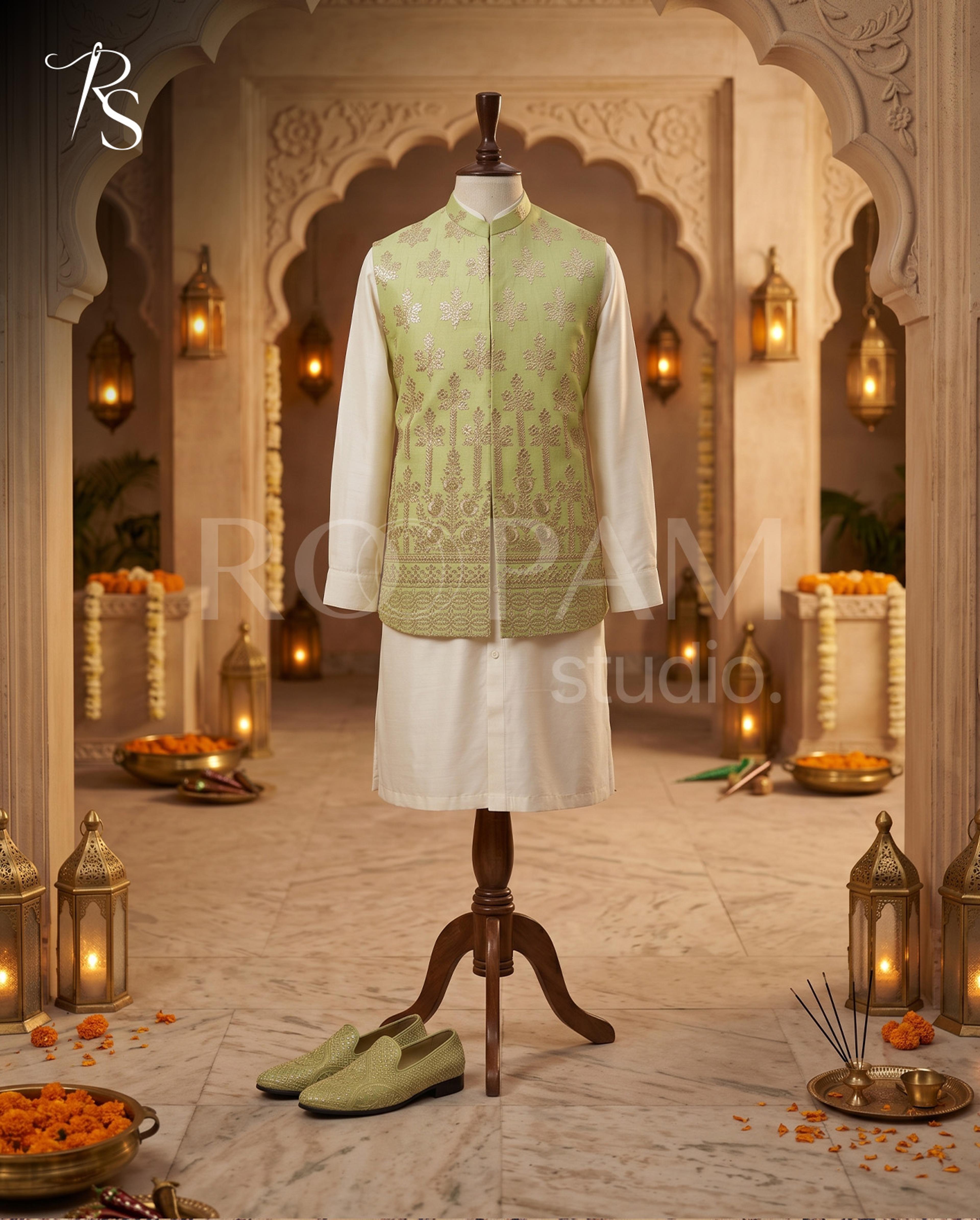 Roopam Studio Mint Green Embroidered Luxury Silk Waistcoat