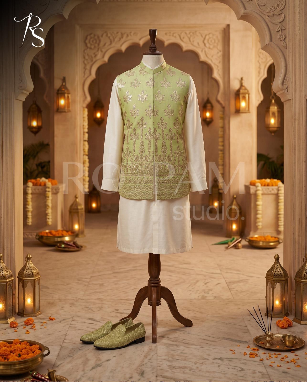 Roopam Studio Mint Green Embroidered Luxury Silk Waistcoat - Image 1