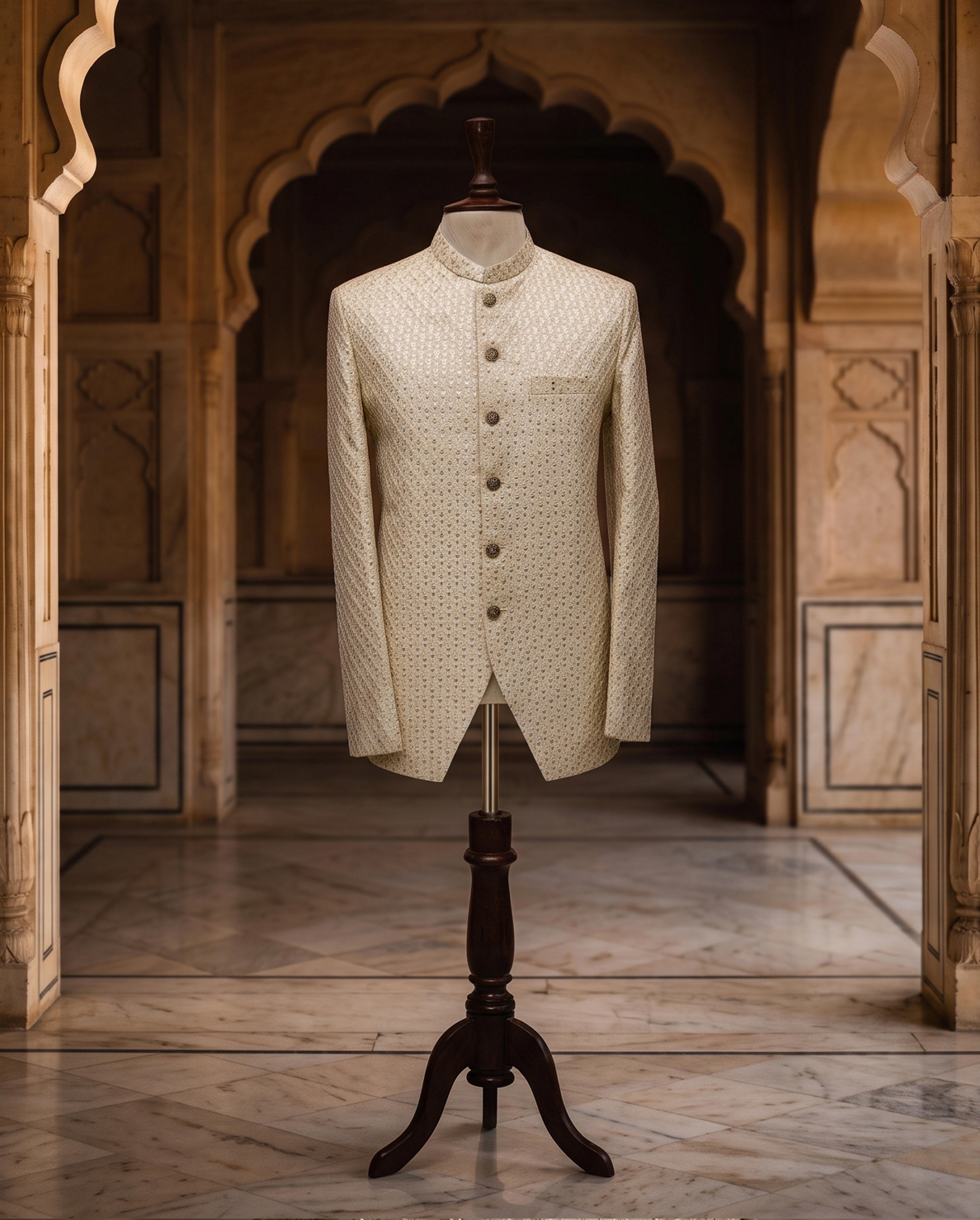 Luxury Cream Self-Sequin & Tilla Embroidered Prince Coat - Thumbnail 4