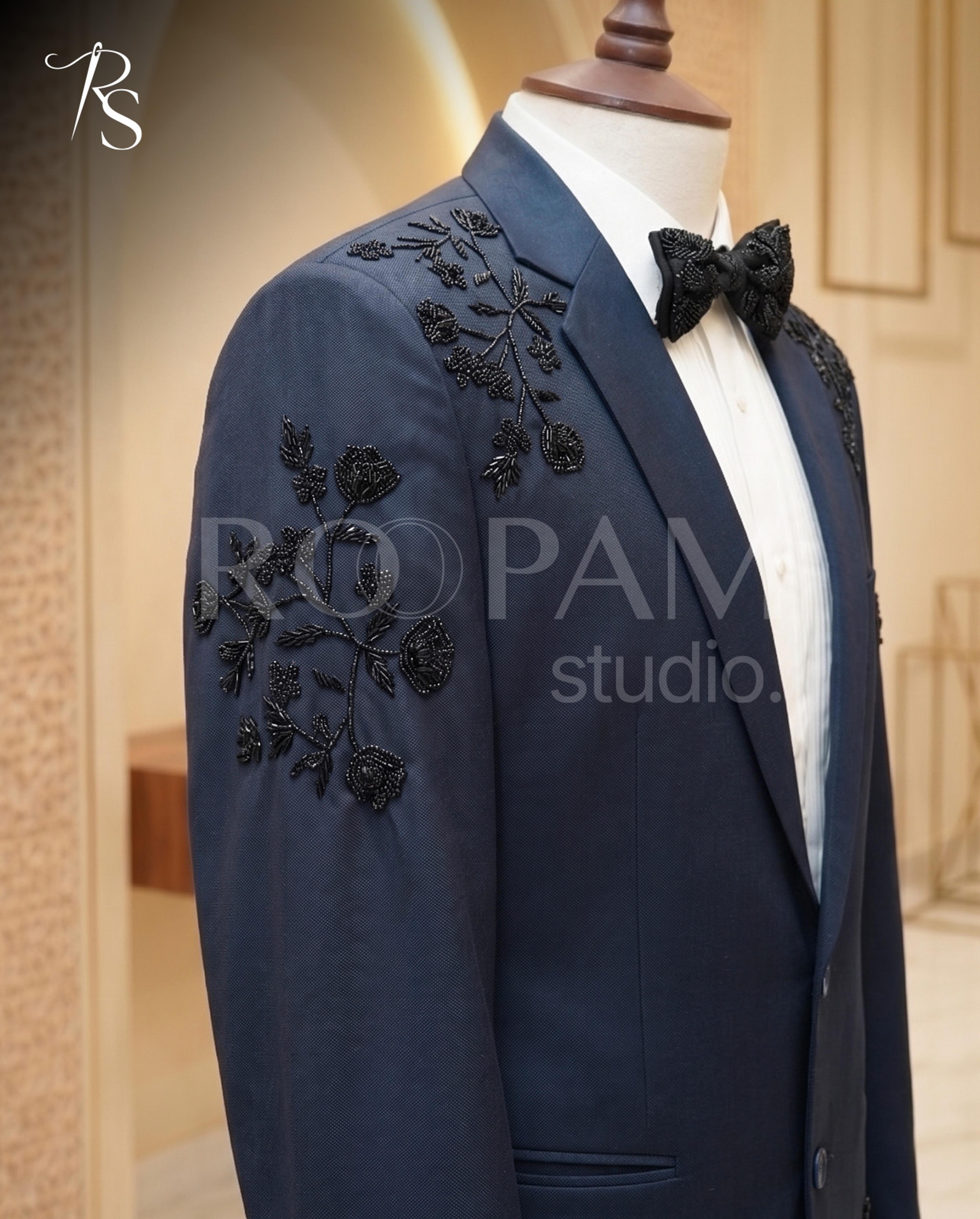 Premium Navy Blue Floral Embroidered 2-Piece Suit - Thumbnail 1