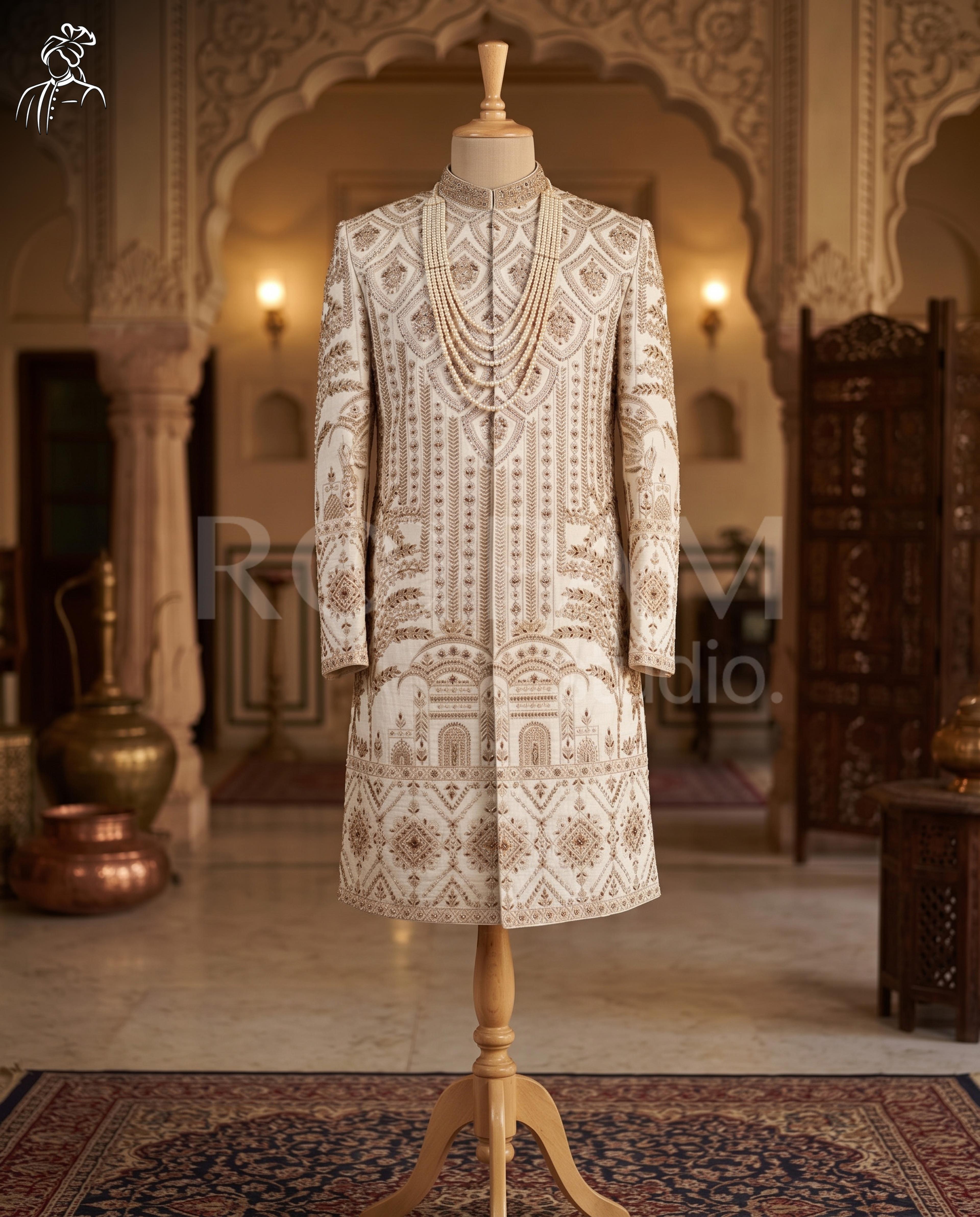 Royal Ivory & Gold Zardosi Embroidered Wedding Sherwani - Thumbnail 1
