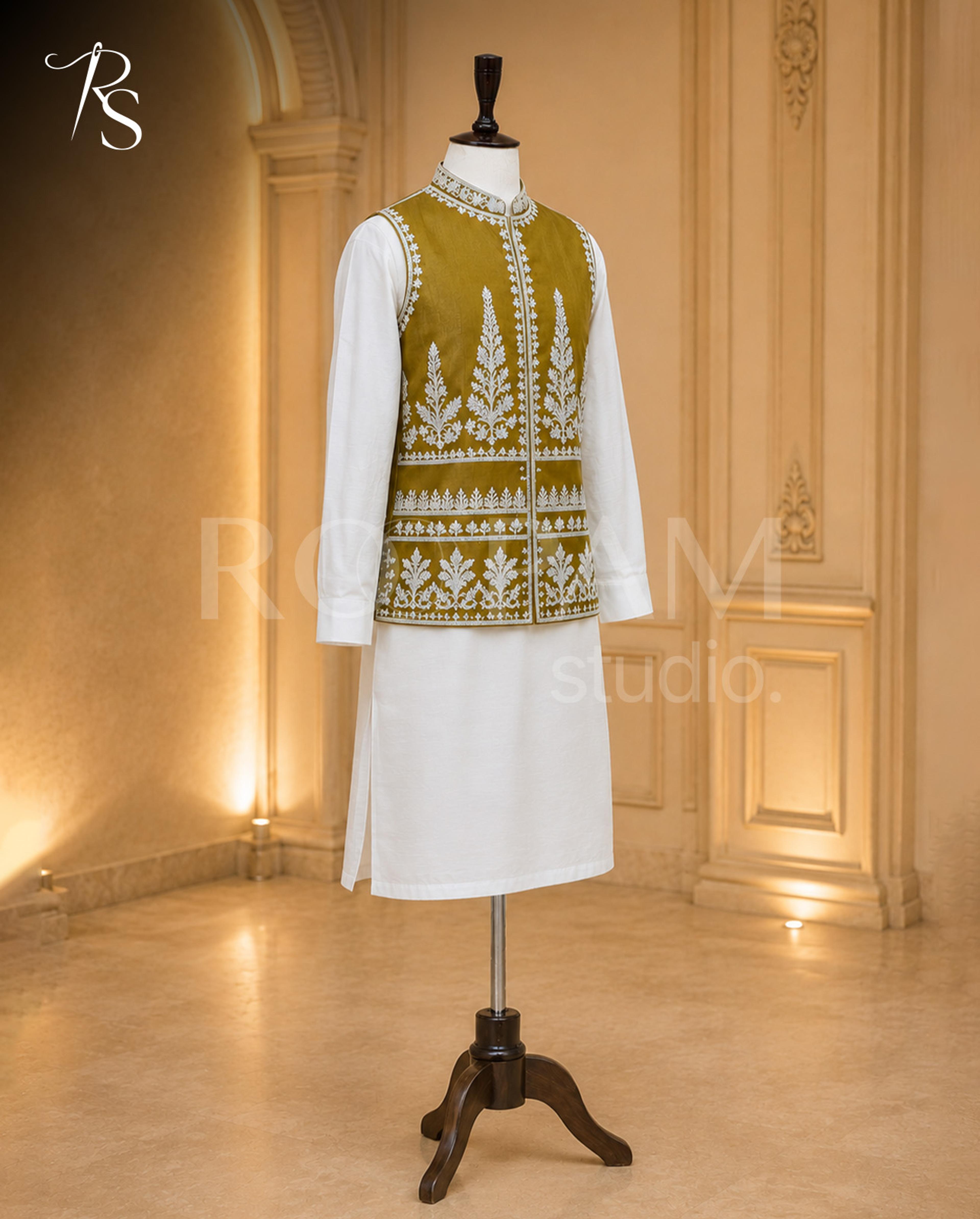 Premium Golden Bronze & White Embroidered Waistcoat