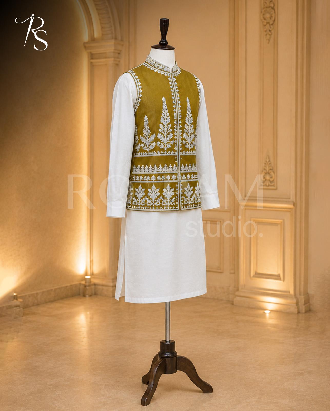 Premium Golden Bronze & White Embroidered Waistcoat - Image 1