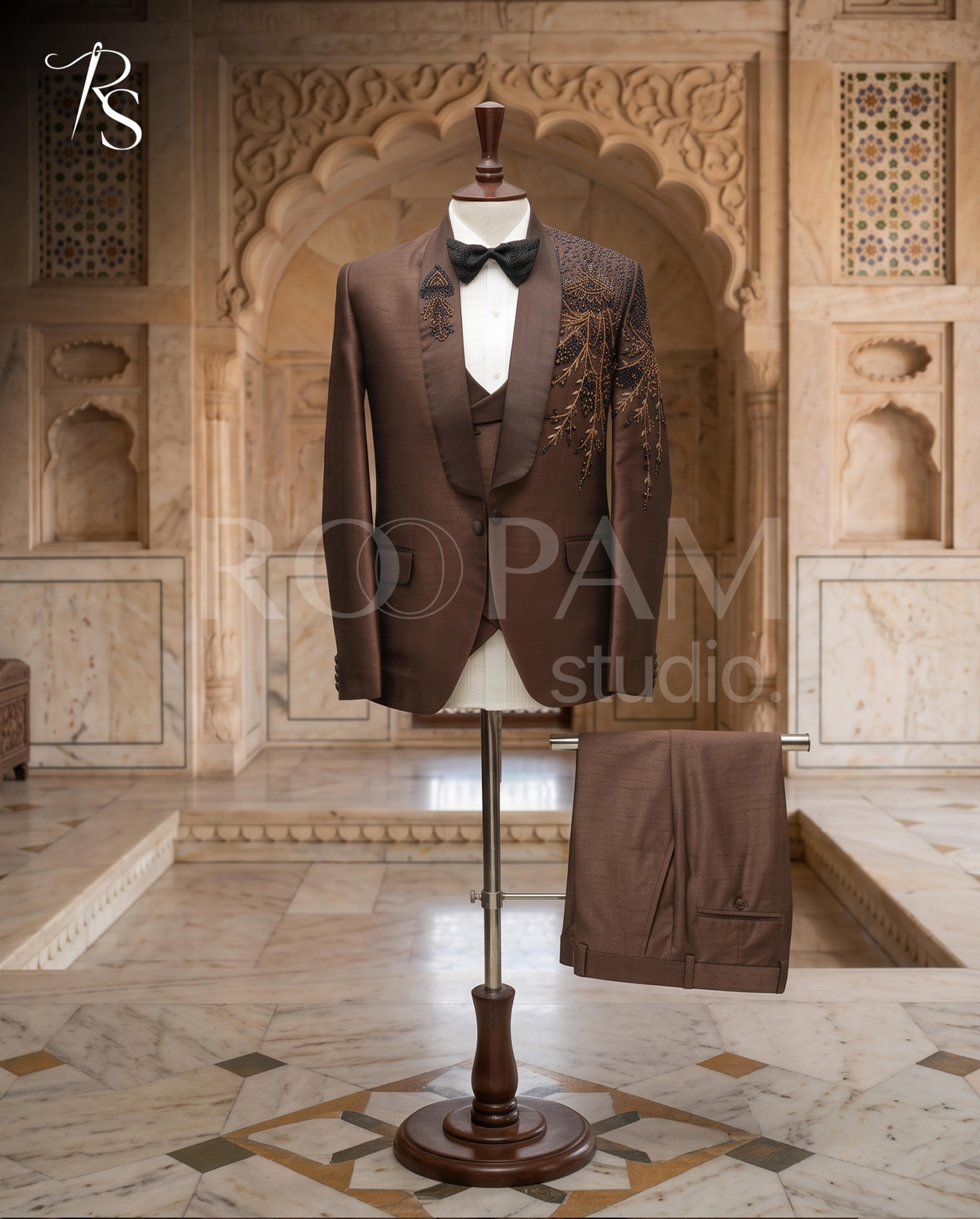 Luxury Brown Asymmetrical Floral Vine Hand-Embroidered 3-Piece Tuxedo - Thumbnail 3