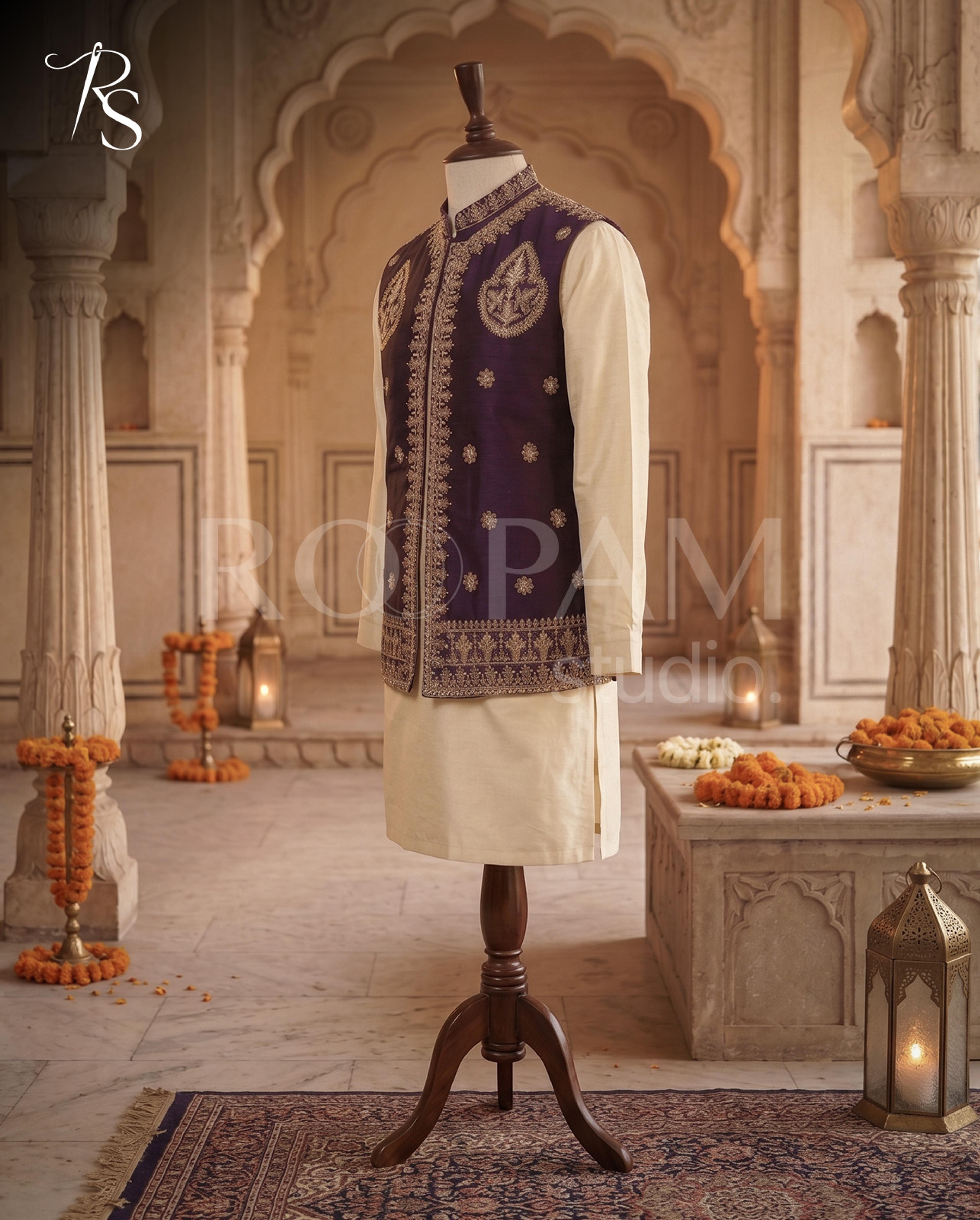 Roopam Studio Royal Purple Embroidered Silk Waistcoat - Thumbnail 3