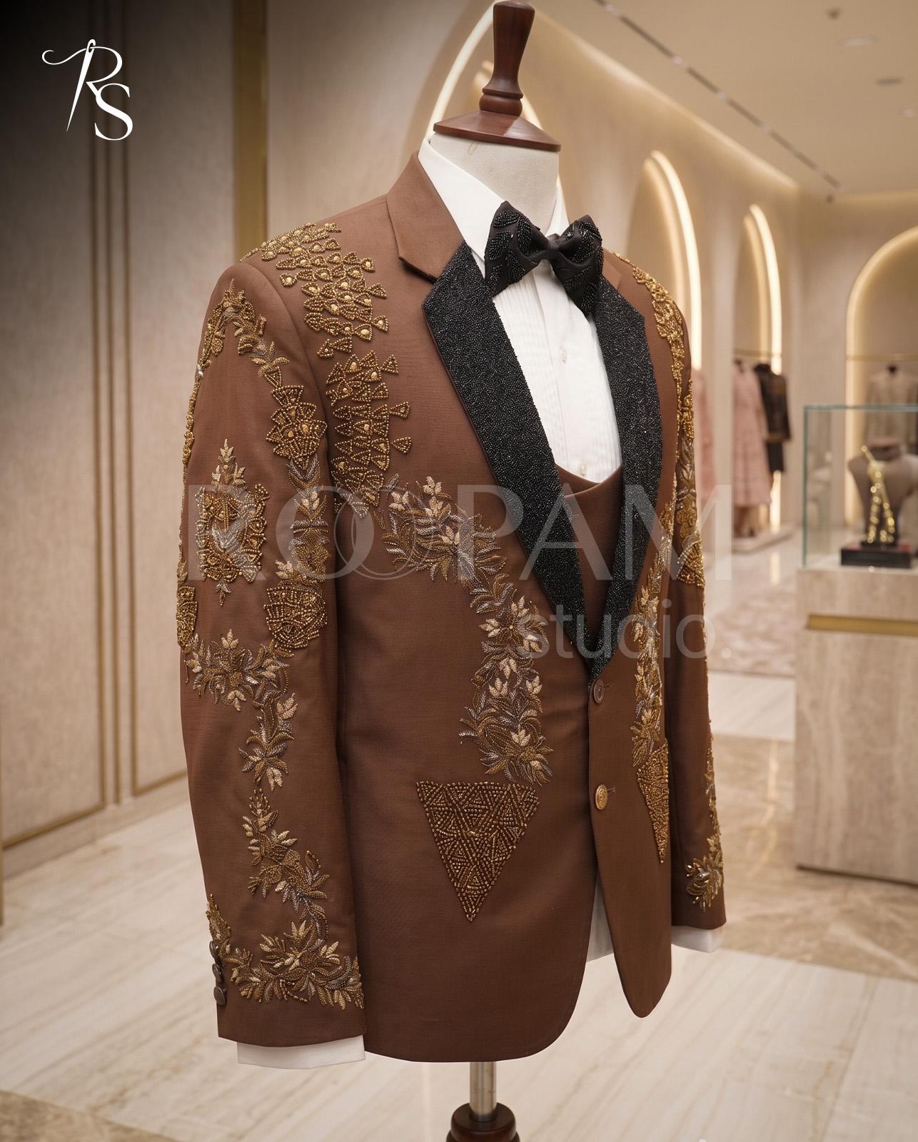 Roopam Studio Royal Embellished Brown 3-Piece Tuxedo - Image 1
